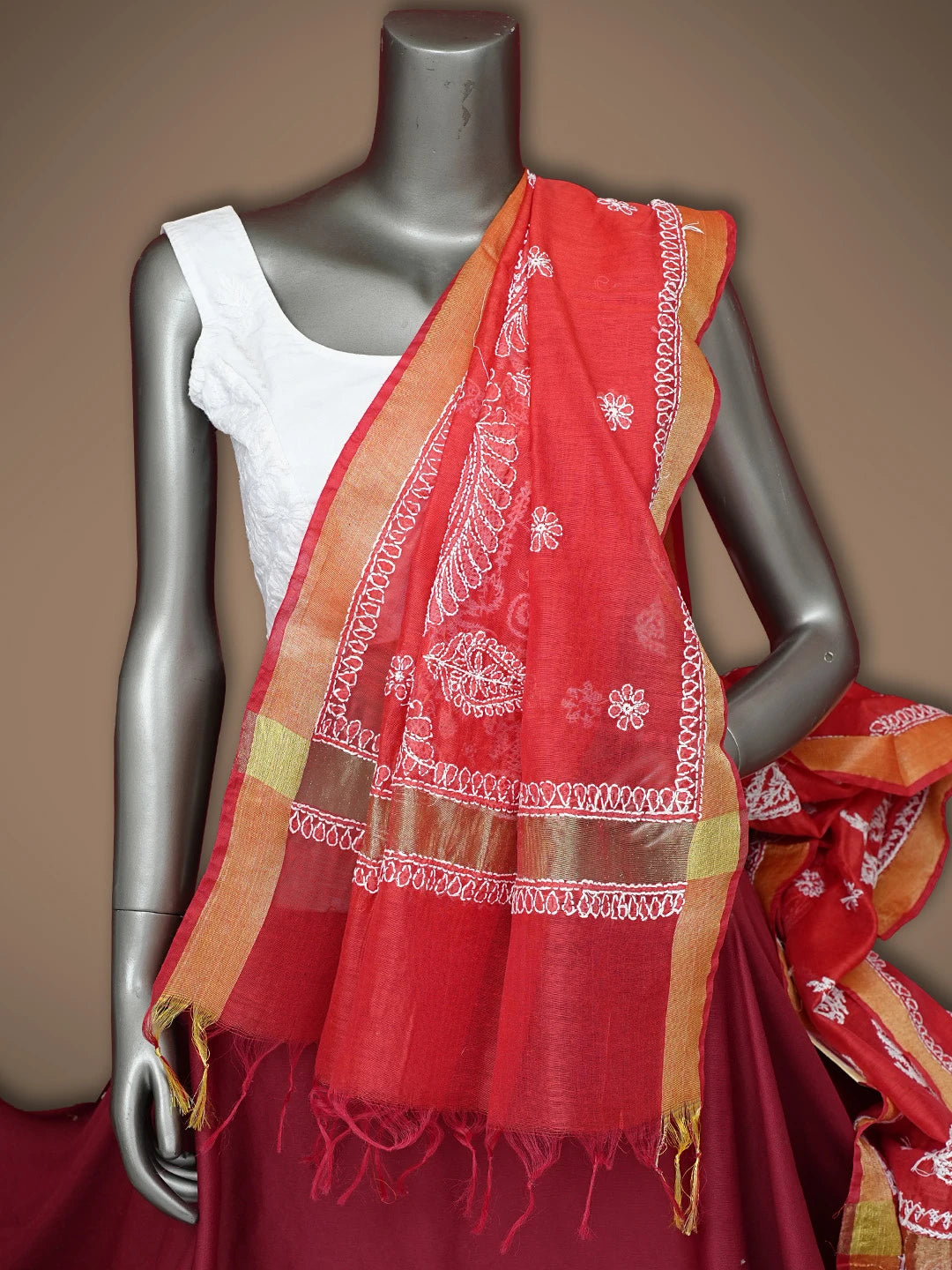 Ada Hand Embroidered Red Chanderi Lucknowi Chikankari Dupatta 01A837562