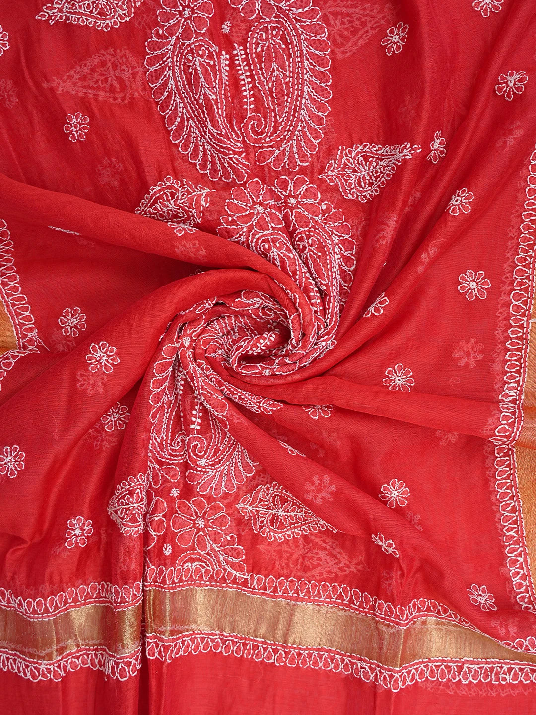 Ada Hand Embroidered Red Chanderi Lucknowi Chikankari Dupatta 01A837562