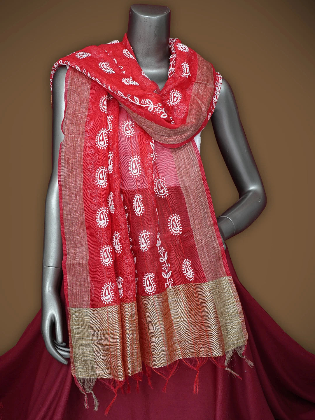Ada Hand Embroidered Red Chanderi Lucknowi Chikankari Dupatta 01A837526