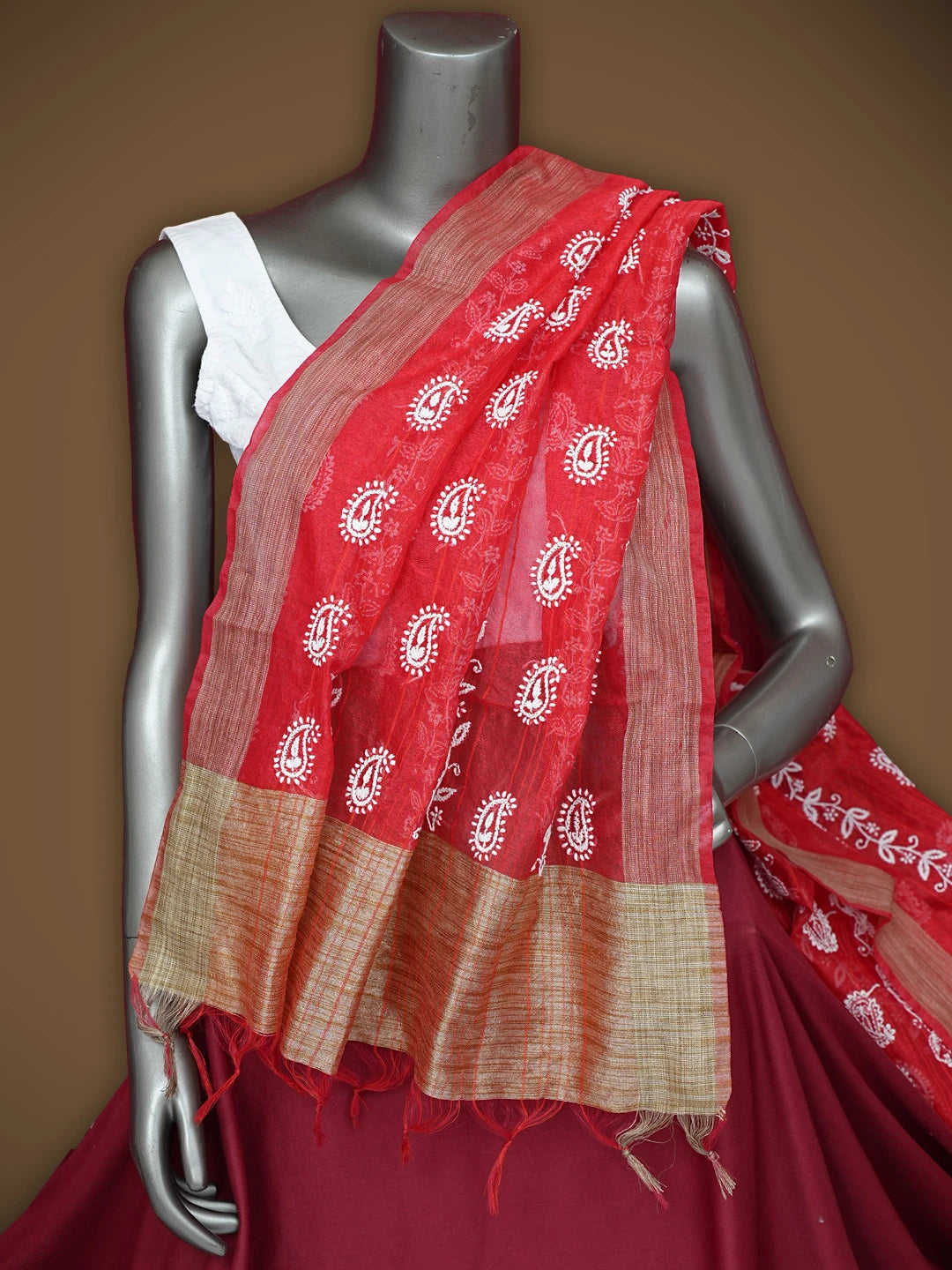 Ada Hand Embroidered Red Chanderi Lucknowi Chikankari Dupatta 01A837526