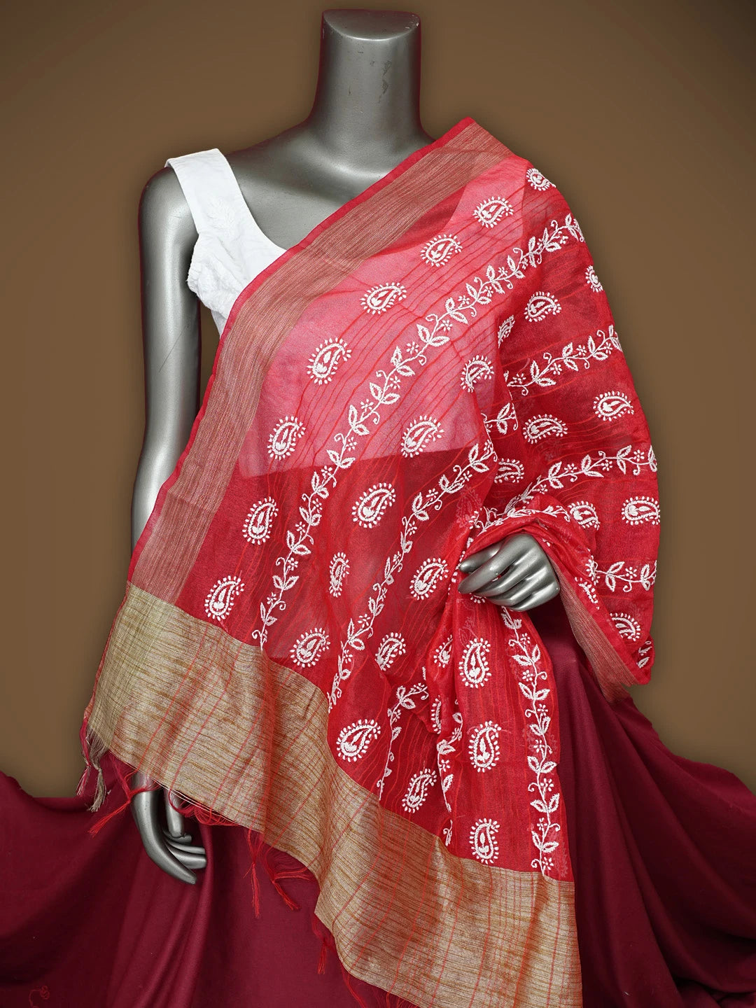 Ada Hand Embroidered Red Chanderi Lucknowi Chikankari Dupatta 01A837526