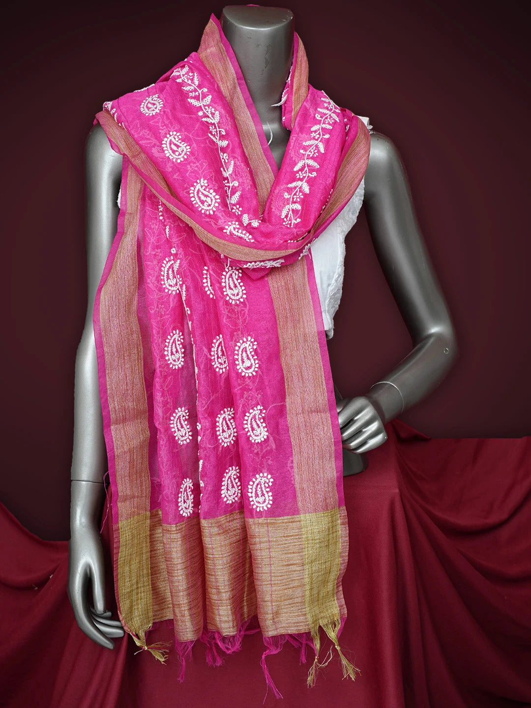 Ada Hand Embroidered Magenta Chanderi Lucknowi Chikankari Dupatta 01A837540