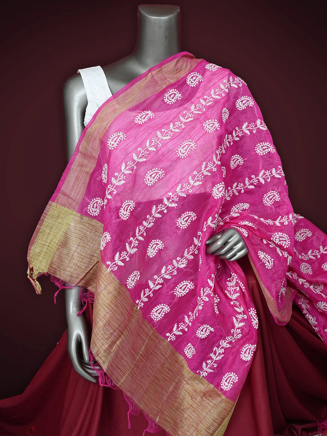 Ada Hand Embroidered Magenta Chanderi Lucknowi Chikankari Dupatta 01A837540
