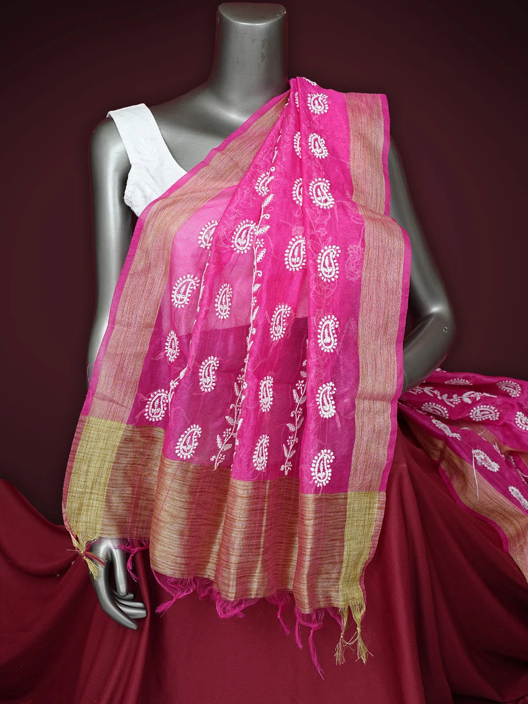 Ada Hand Embroidered Magenta Chanderi Lucknowi Chikankari Dupatta 01A837540