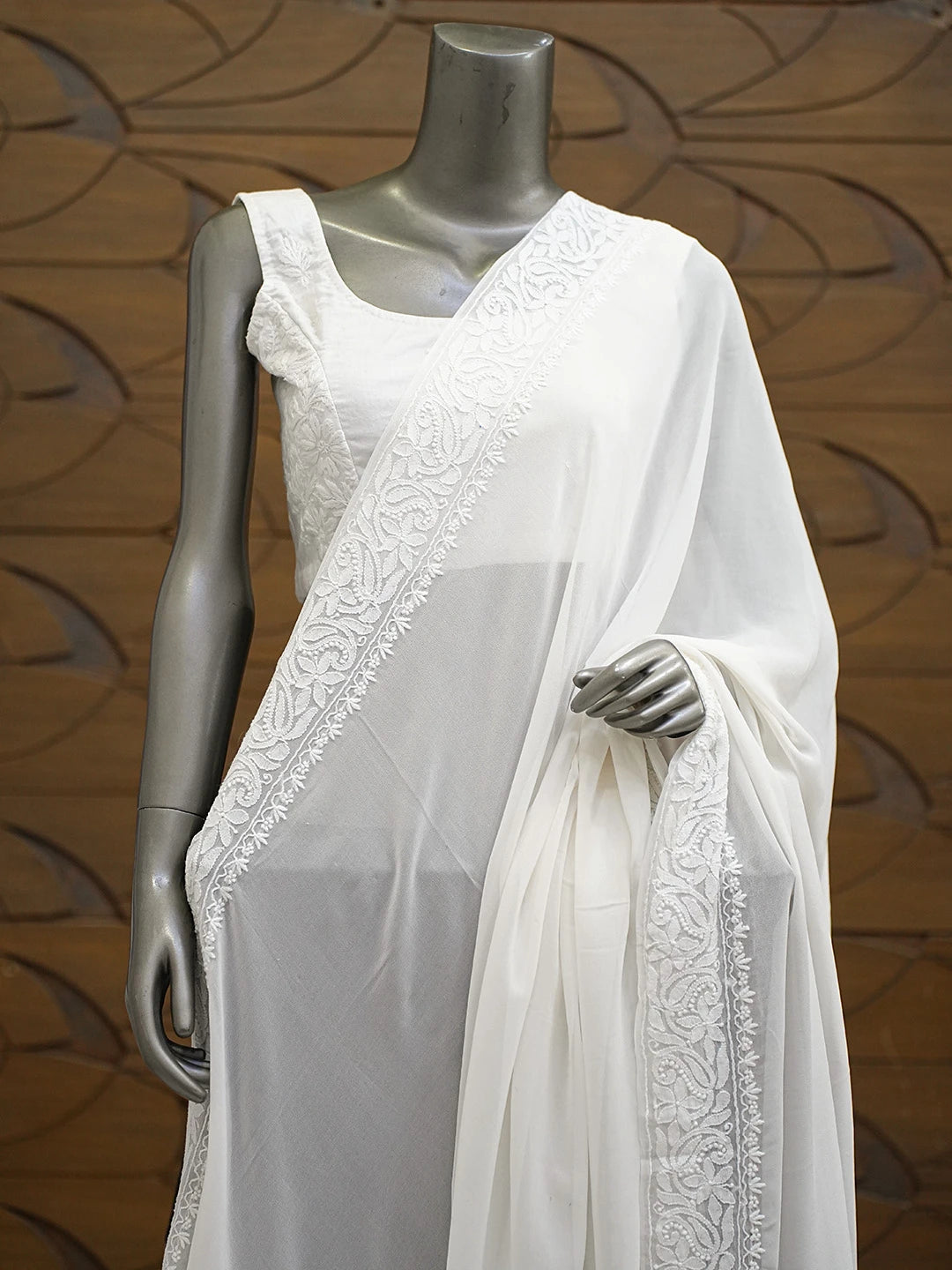 Ada Hand Embroidered White Pure Georgette Lucknowi Chikankari Dupatta 01A675708