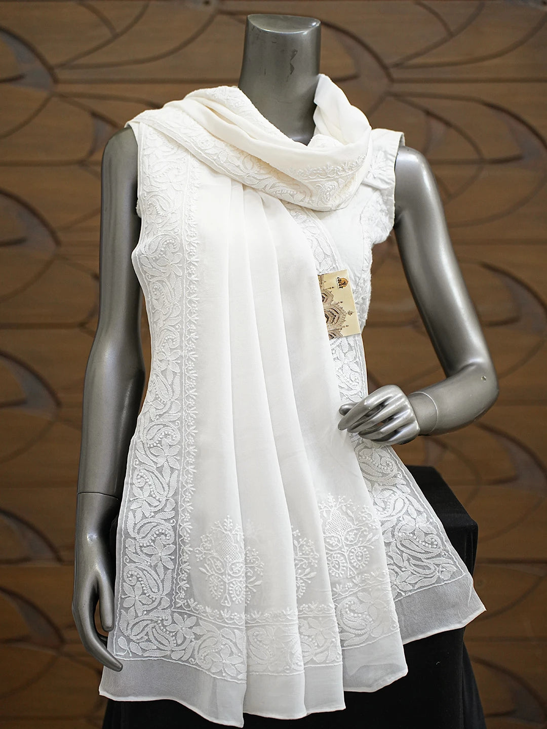 Ada Hand Embroidered White Pure Georgette Lucknowi Chikankari Dupatta 01A675708