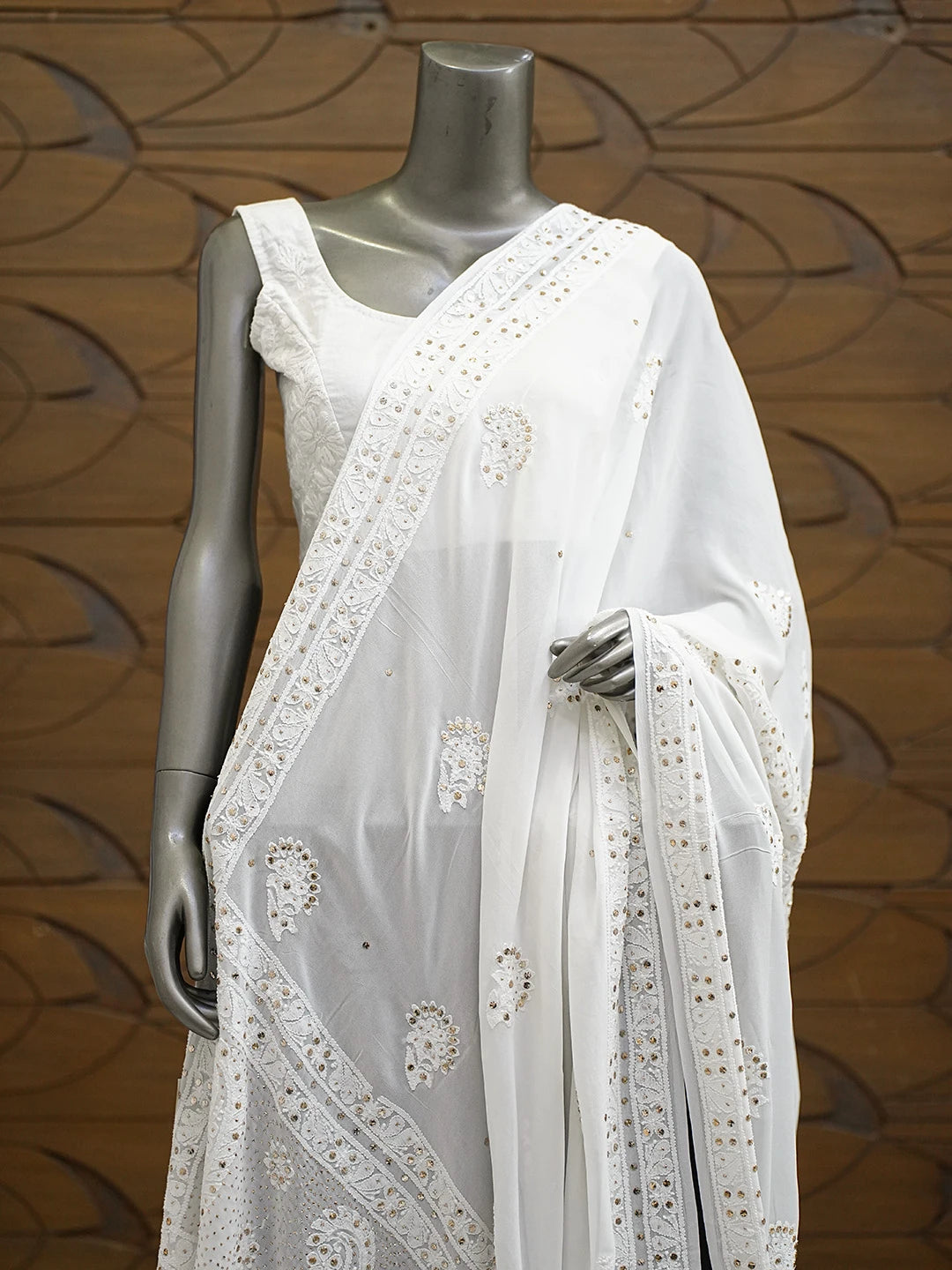 Ada Hand Embroidered White Viscose Georgette Lucknowi Chikankari Dupatta With Mukaish Work 01A741570