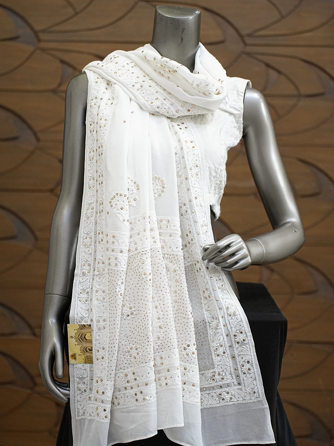 Ada Hand Embroidered White Viscose Georgette Lucknowi Chikankari Dupatta With Mukaish Work 01A741570