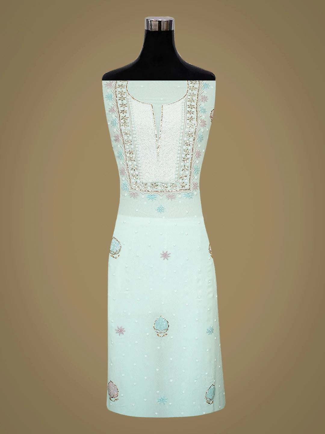 Ada Hand Embroidered Sky Blue Viscose Georgette Lucknowi Chikankari Unstitched Kurta Dupatta Set With Pearl Work 01A778664