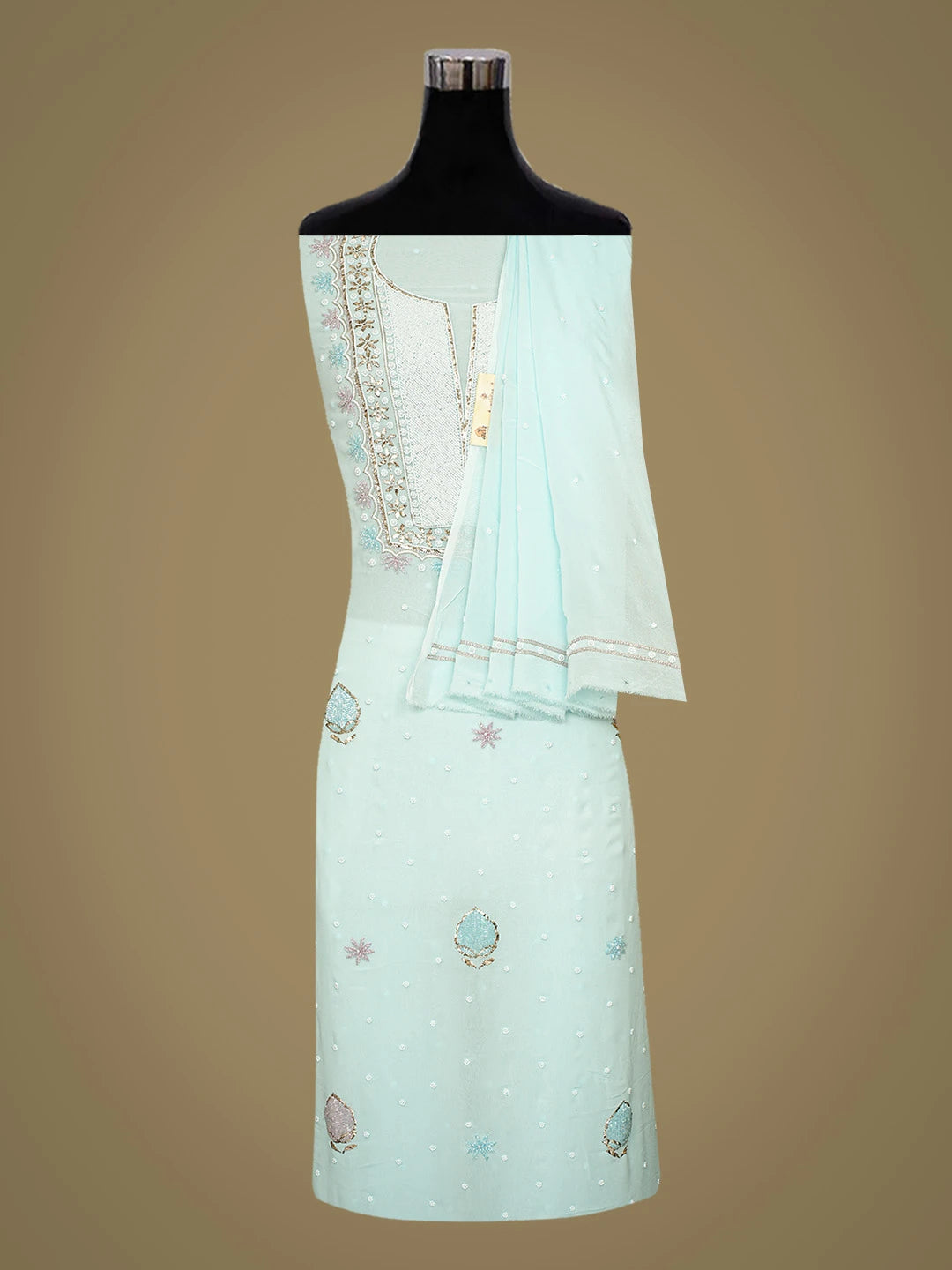 Ada Hand Embroidered Sky Blue Viscose Georgette Lucknowi Chikankari Unstitched Kurta Dupatta Set With Pearl Work 01A778664