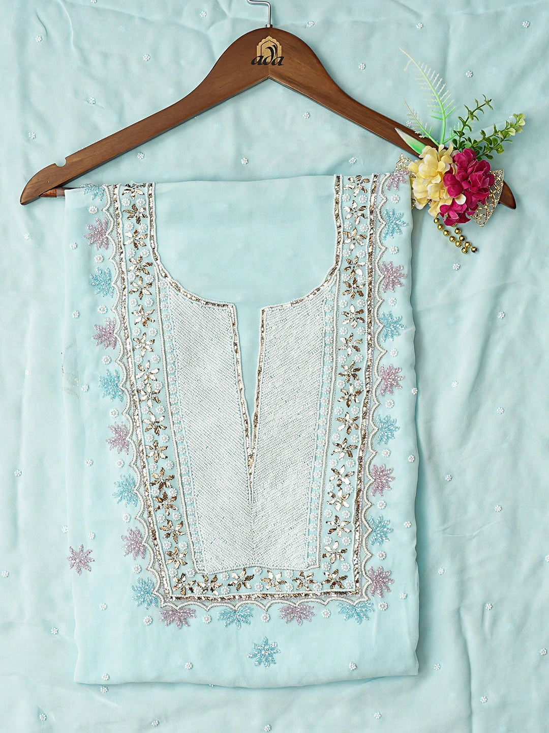Ada Hand Embroidered Sky Blue Viscose Georgette Lucknowi Chikankari Unstitched Kurta Dupatta Set With Pearl Work 01A778664