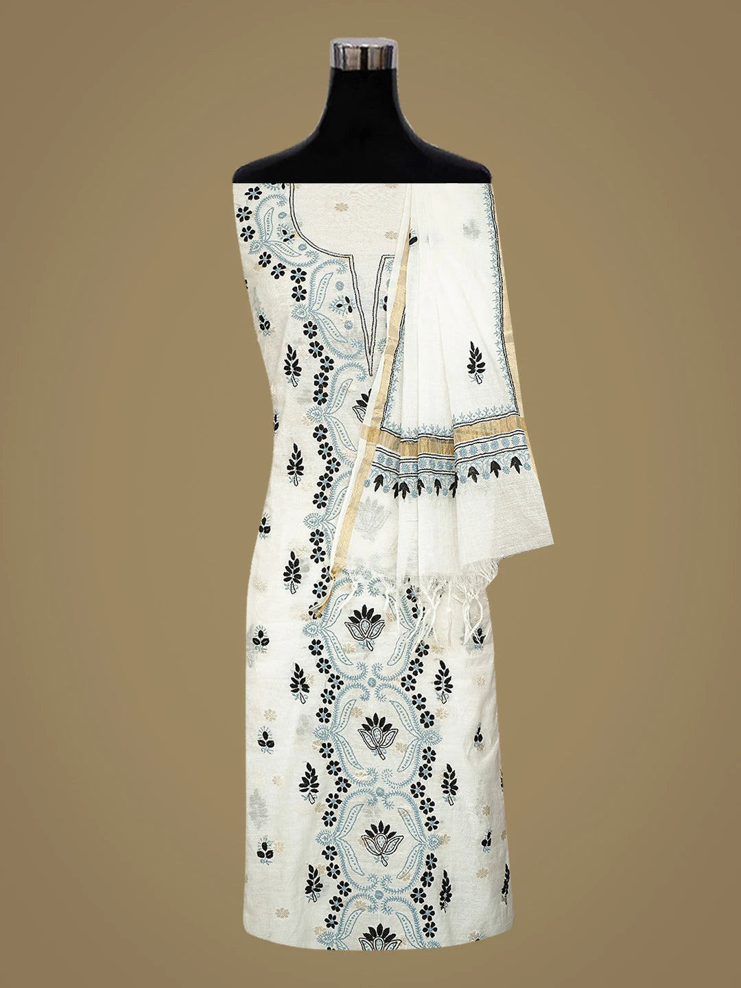 Ada Hand Embroidered White Chanderi Lucknowi Chikankari Unstitched Kurta Dupatta Set 01A836912