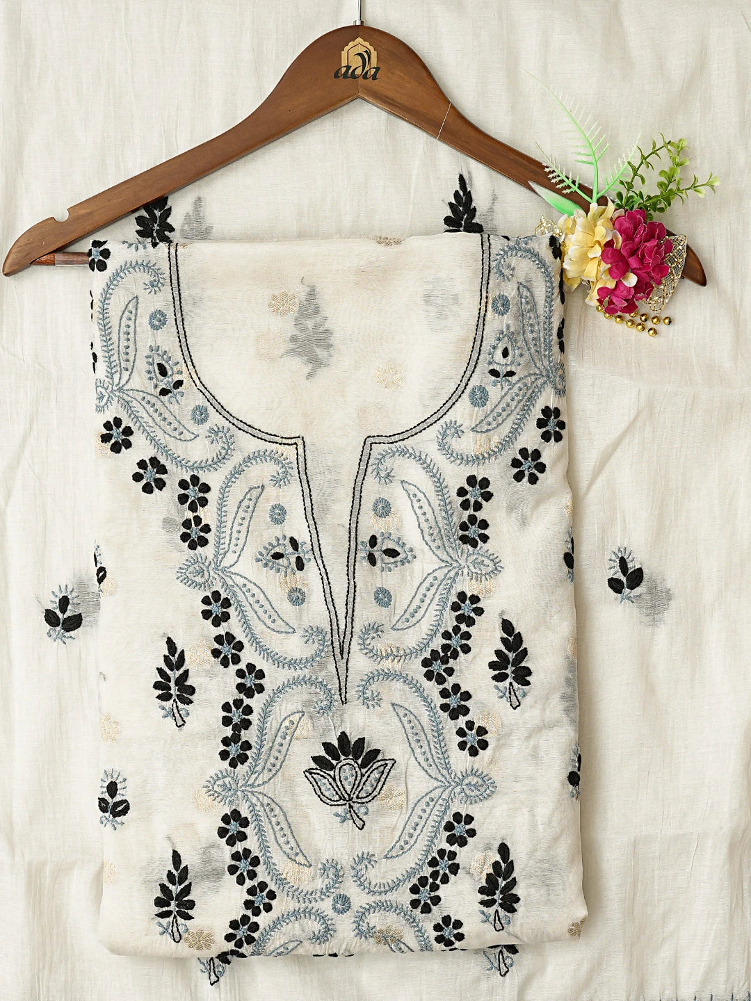 Ada Hand Embroidered White Chanderi Lucknowi Chikankari Unstitched Kurta Dupatta Set 01A836912