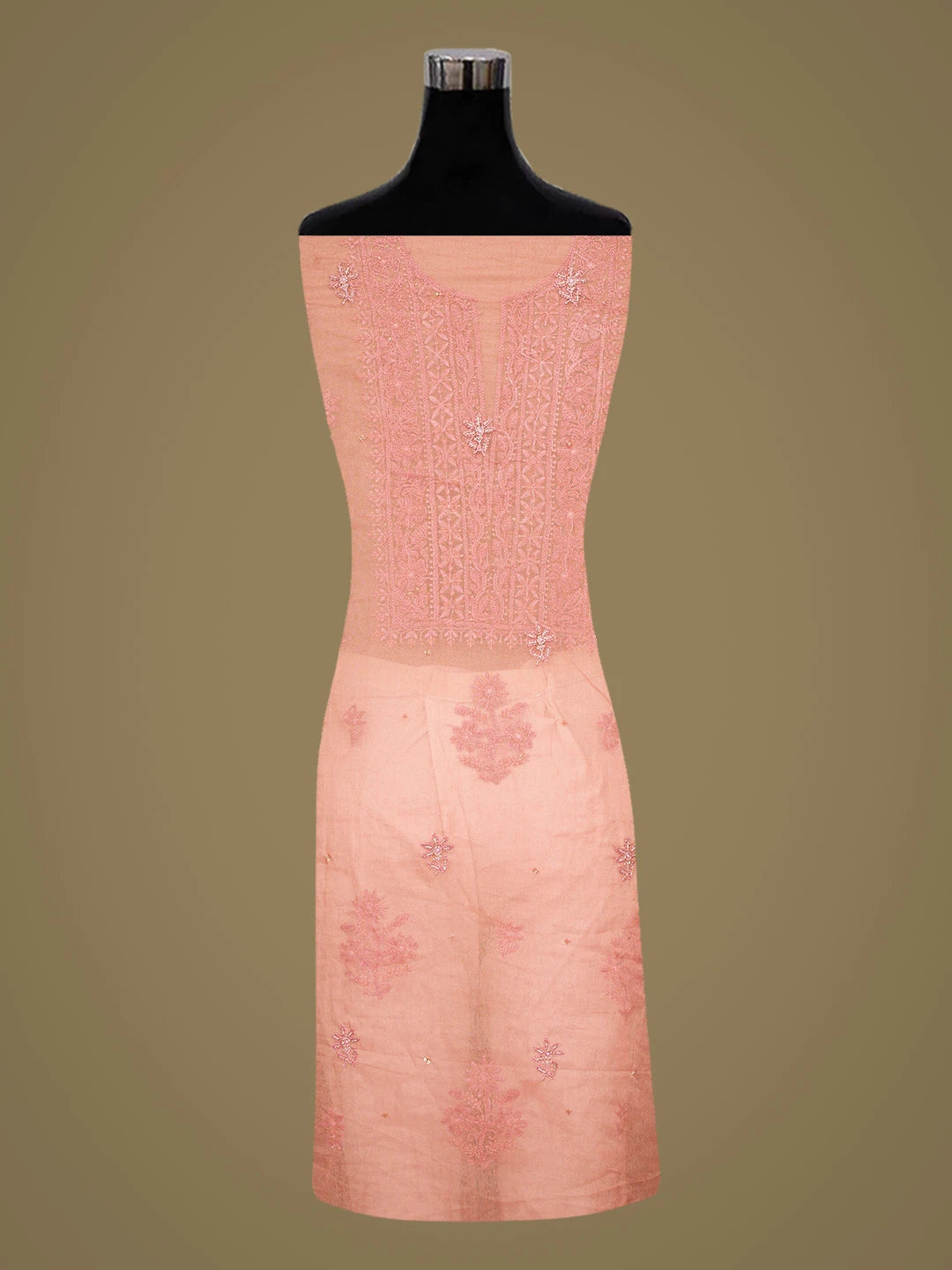 Ada Hand Embroidered Dusty Peach Organza Lucknowi Chikankari Unstitched Kurta Dupatta Set With Cutdana Work 01A789374