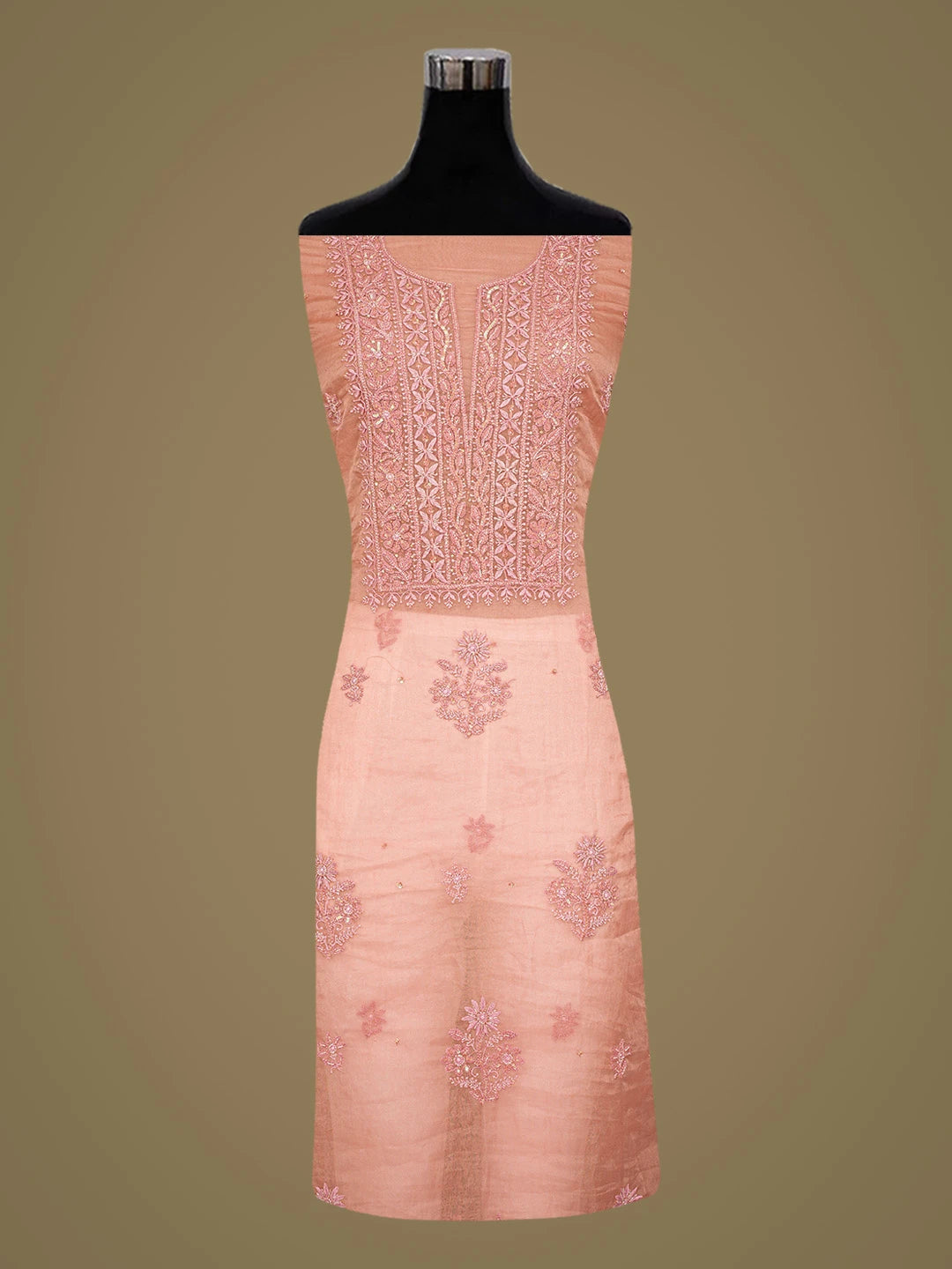 Ada Hand Embroidered Dusty Peach Organza Lucknowi Chikankari Unstitched Kurta Dupatta Set With Cutdana Work 01A789374