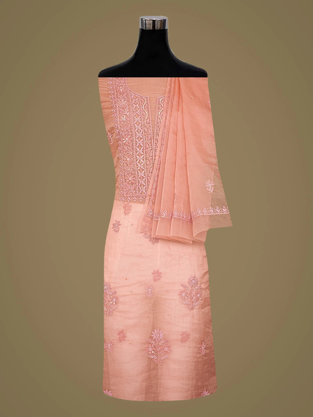 Ada Hand Embroidered Dusty Peach Organza Lucknowi Chikankari Unstitched Kurta Dupatta Set With Cutdana Work 01A789374