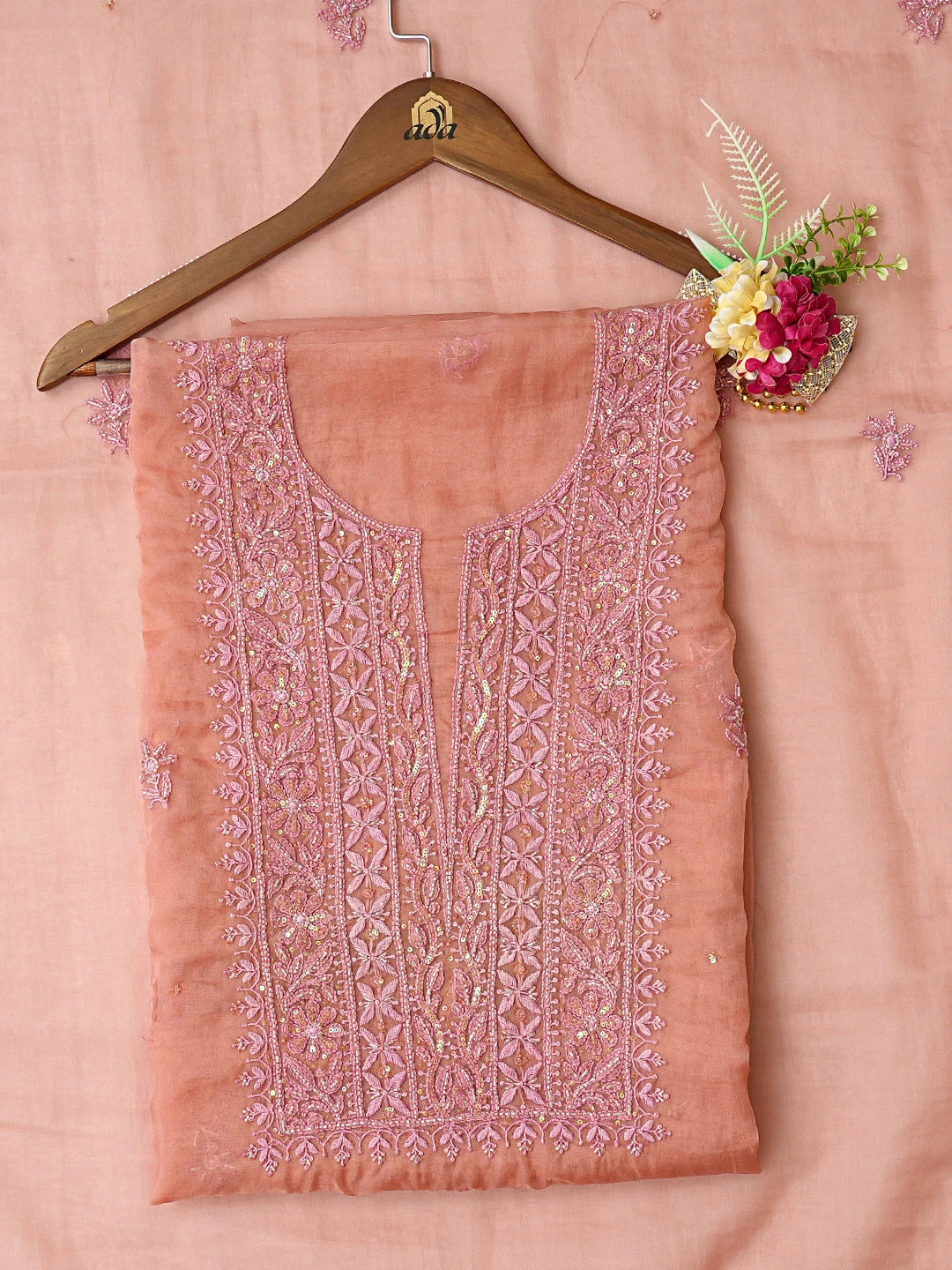 Ada Hand Embroidered Dusty Peach Organza Lucknowi Chikankari Unstitched Kurta Dupatta Set With Cutdana Work 01A789374