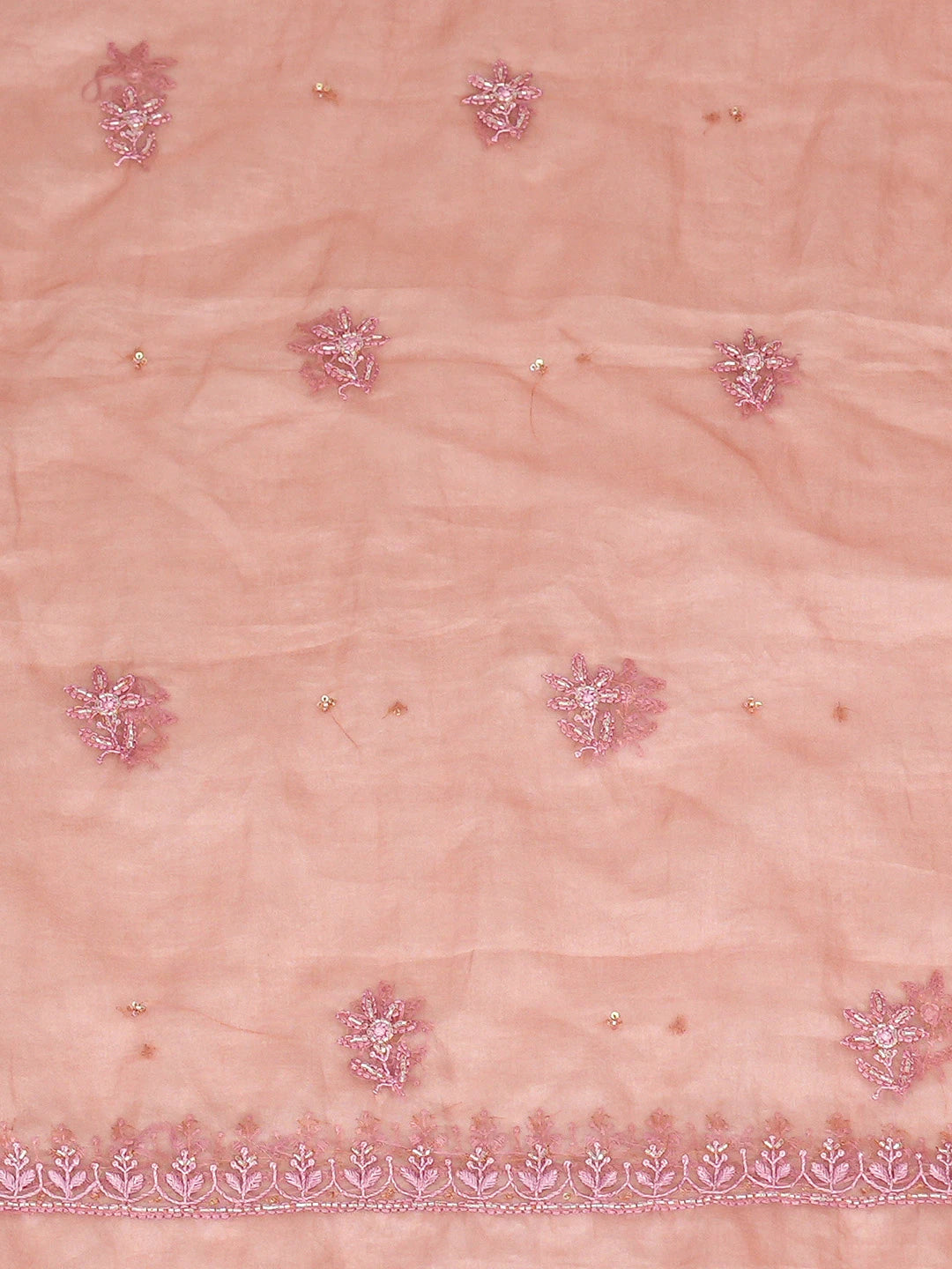 Ada Hand Embroidered Dusty Peach Organza Lucknowi Chikankari Unstitched Kurta Dupatta Set With Cutdana Work 01A789374