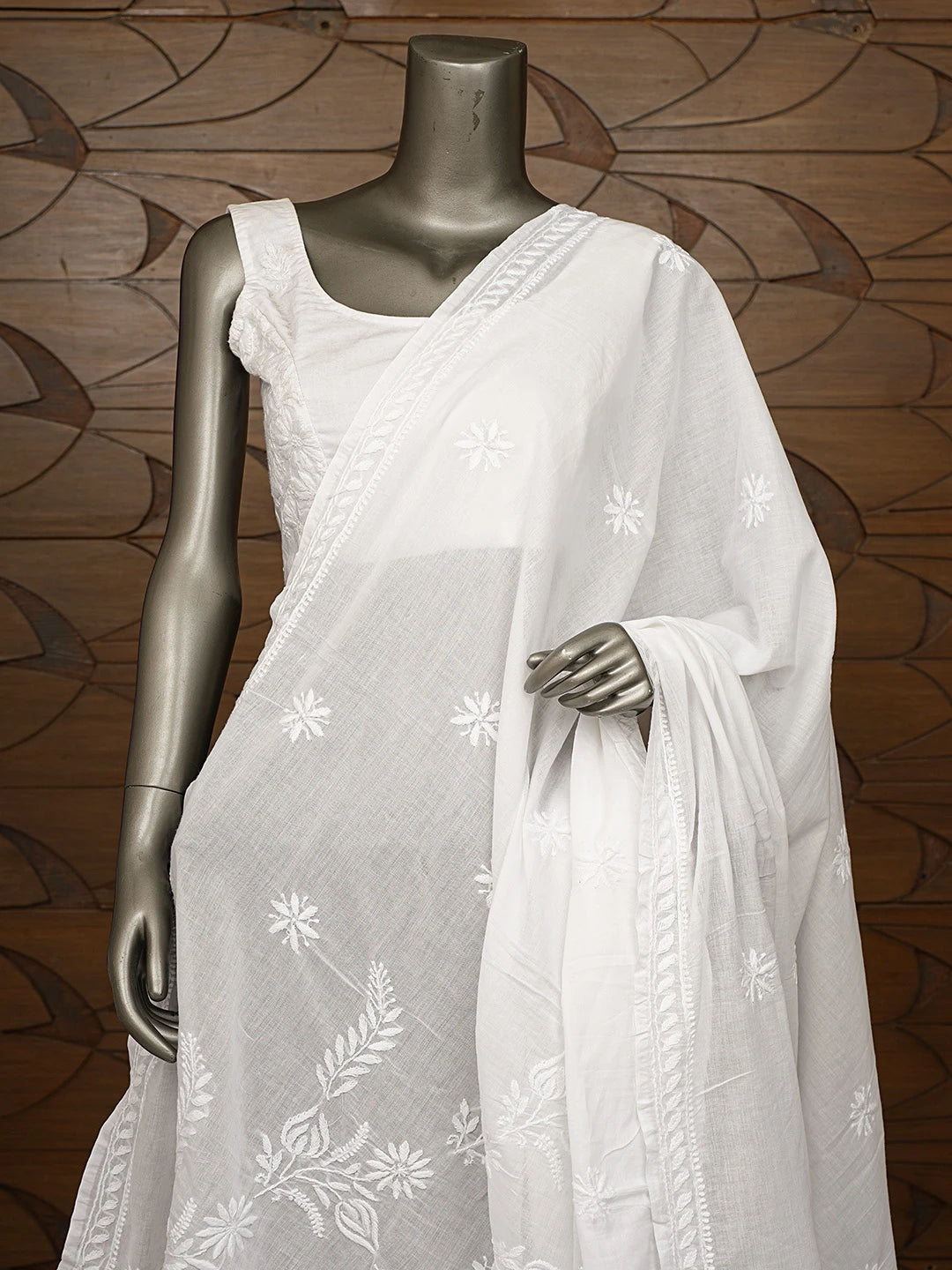 Ada Hand Embroidered White Cotton Lucknowi Chikankari Dupatta 01A832174