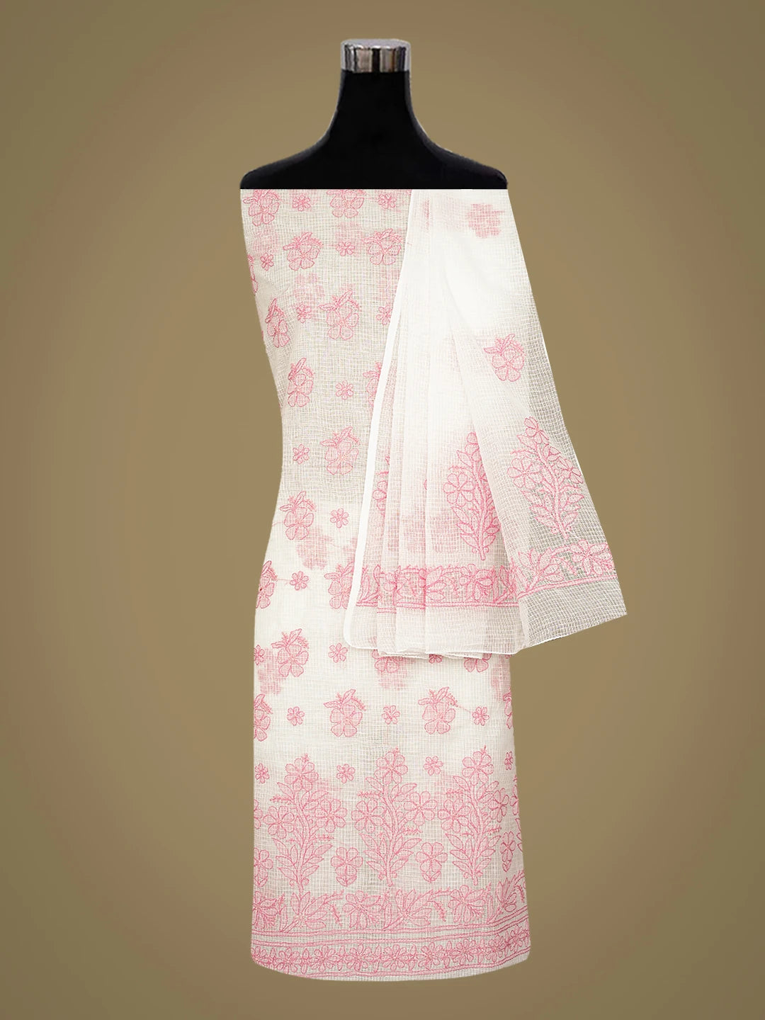Ada Hand Embroidered White Kota Lucknowi Chikankari Unstitched Kurta Dupatta Set 01A831646