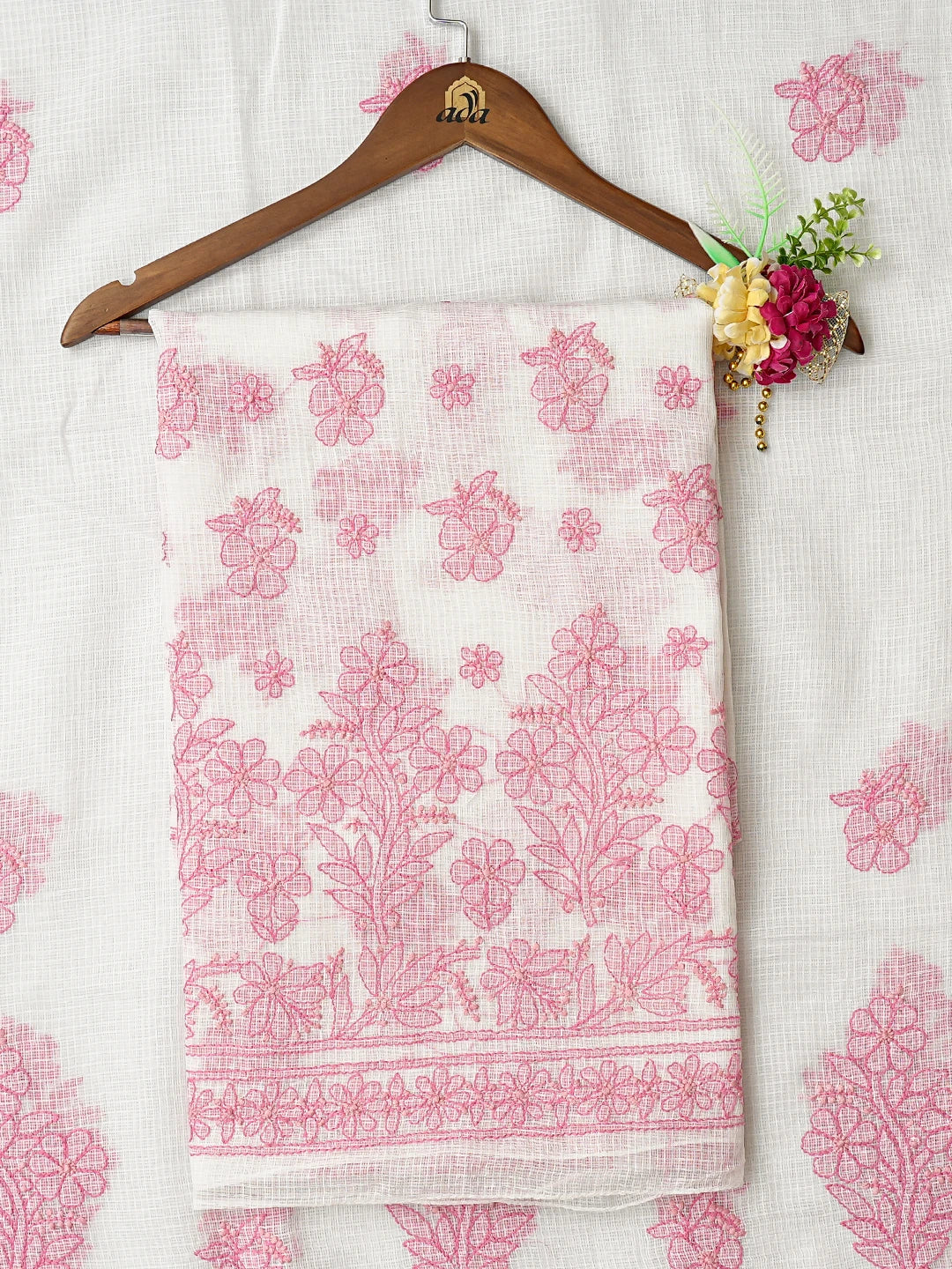 Ada Hand Embroidered White Kota Lucknowi Chikankari Unstitched Kurta Dupatta Set 01A831646
