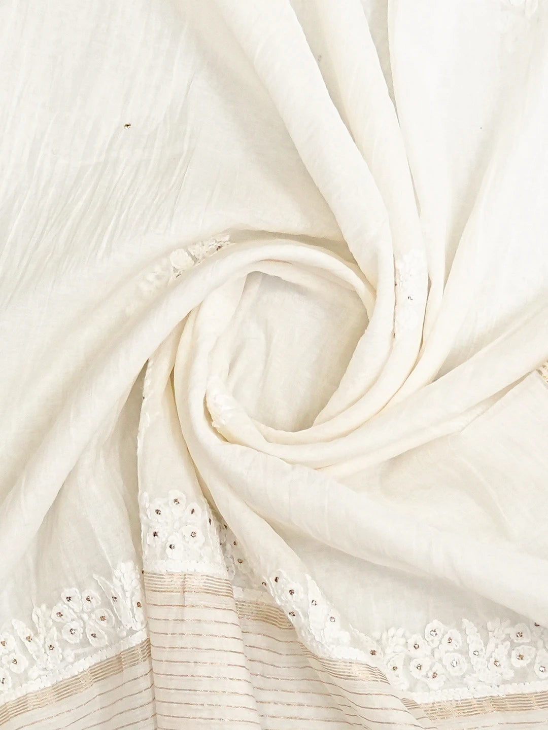 Ada Hand Embroidered White Chanderi Lucknowi Chikankari Dupatta With Mukaish Work 01A834672