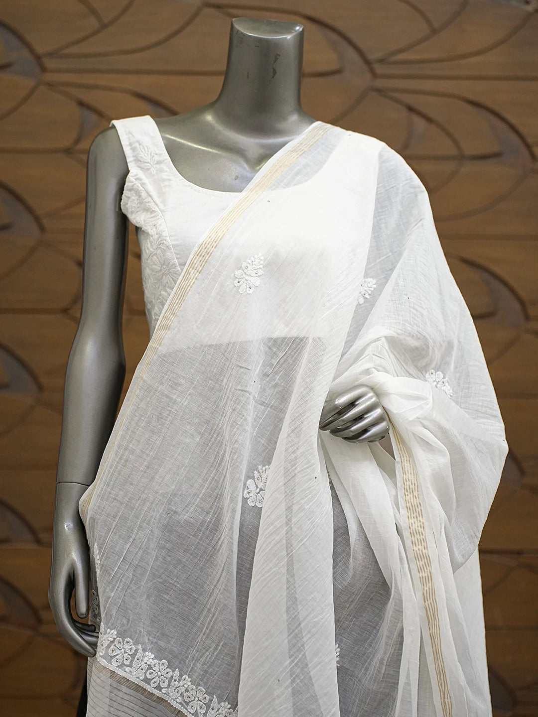 Ada Hand Embroidered White Chanderi Lucknowi Chikankari Dupatta With Mukaish Work 01A834672