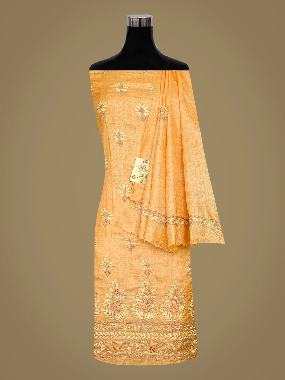 Ada Hand Embroidered Mustard Silk Lucknowi Chikankari Unstitched Kurta Dupatta Set 01A836091