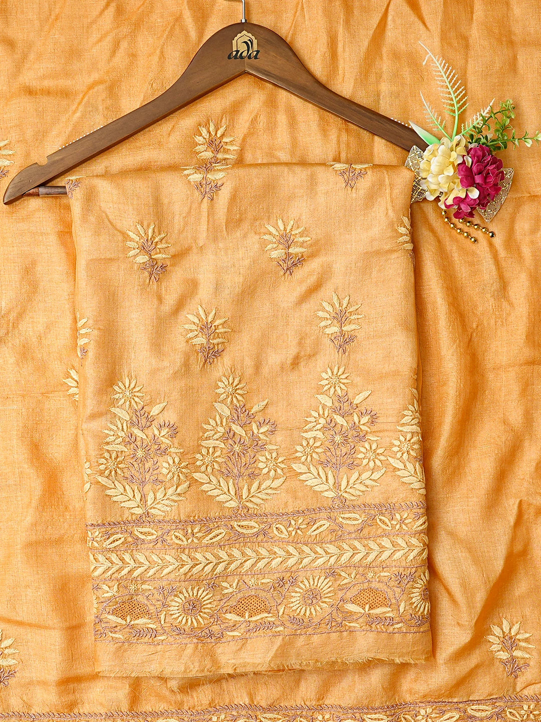 Ada Hand Embroidered Mustard Silk Lucknowi Chikankari Unstitched Kurta Dupatta Set 01A836091