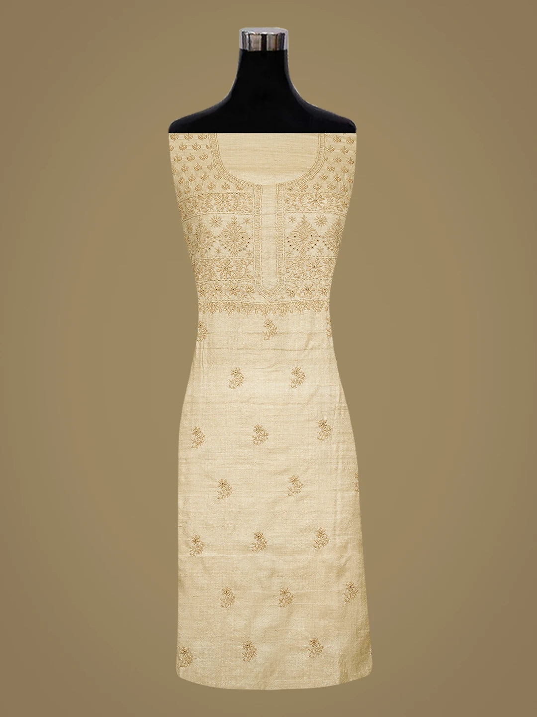 Ada Hand Embroidered Fawn Silk Lucknowi Chikankari Unstitched Kurta Dupatta Set 01A836309