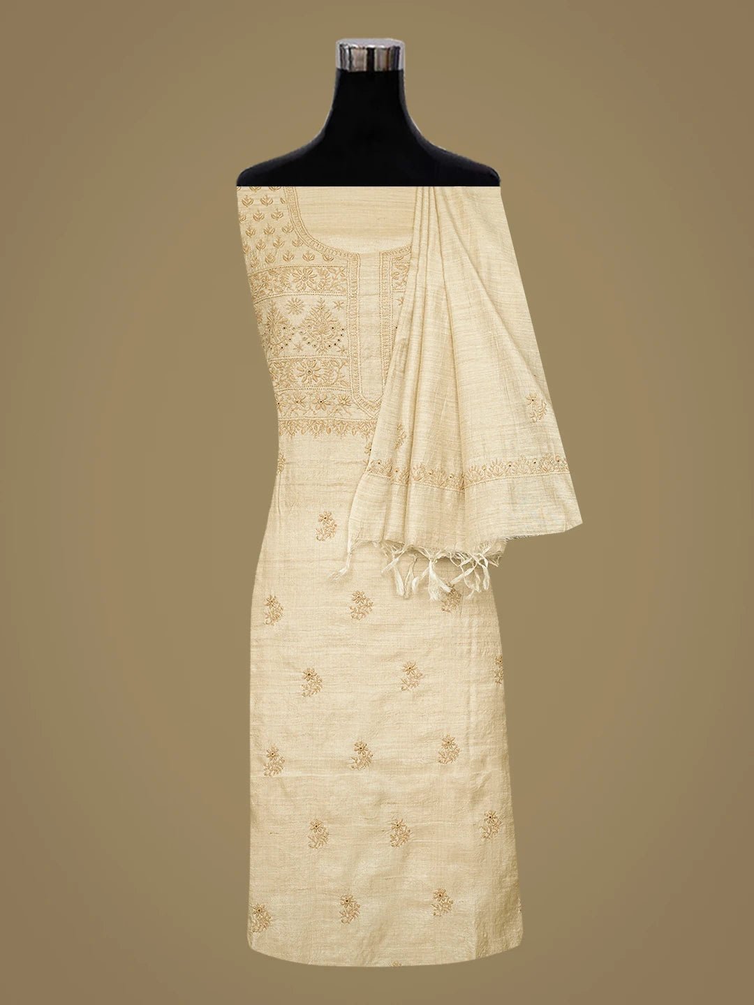 Ada Hand Embroidered Fawn Silk Lucknowi Chikankari Unstitched Kurta Dupatta Set 01A836309
