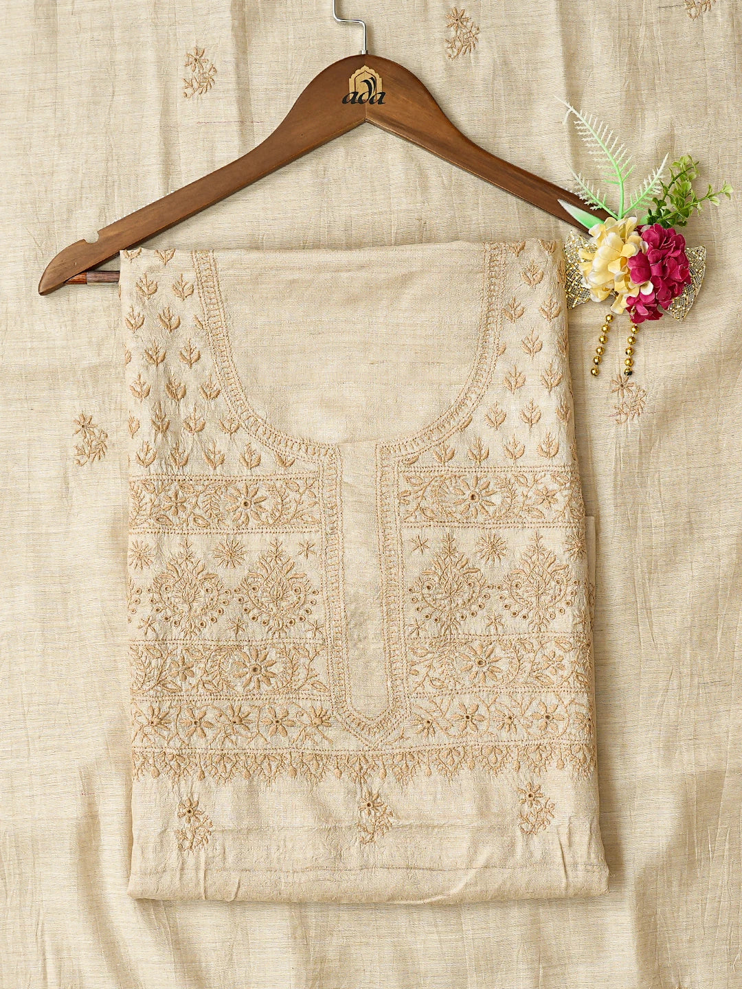 Ada Hand Embroidered Fawn Silk Lucknowi Chikankari Unstitched Kurta Dupatta Set 01A836309