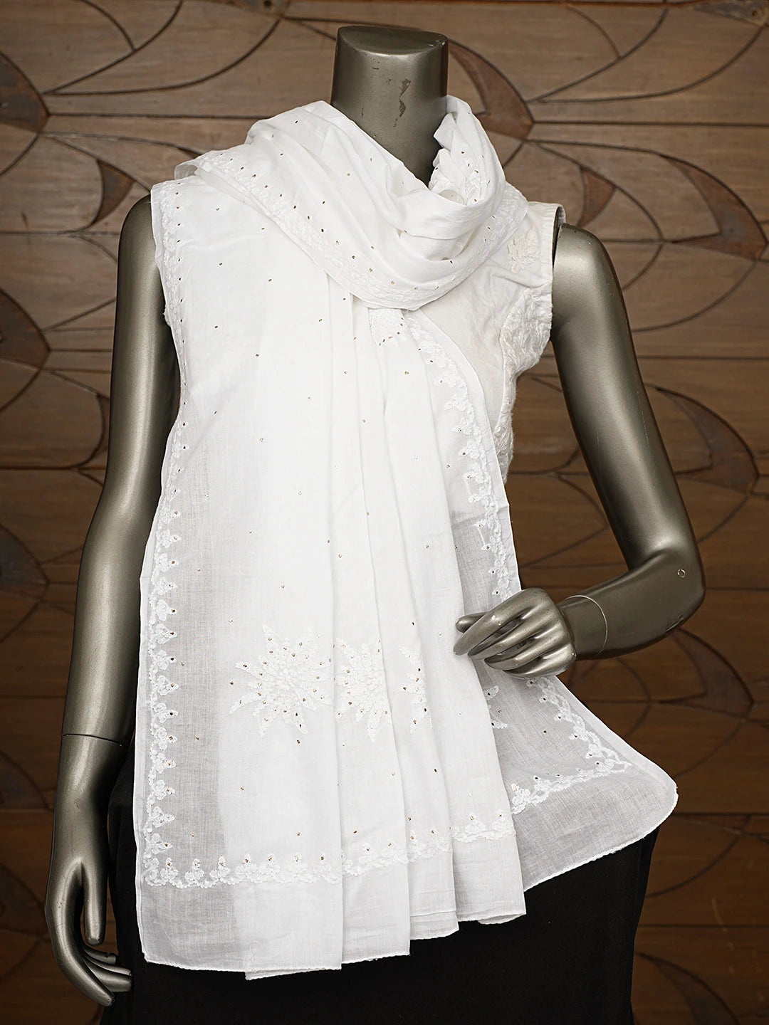 Ada Hand Embroidered White Cotton Lucknowi Chikankari Dupatta With Mukaish Work 01A833580