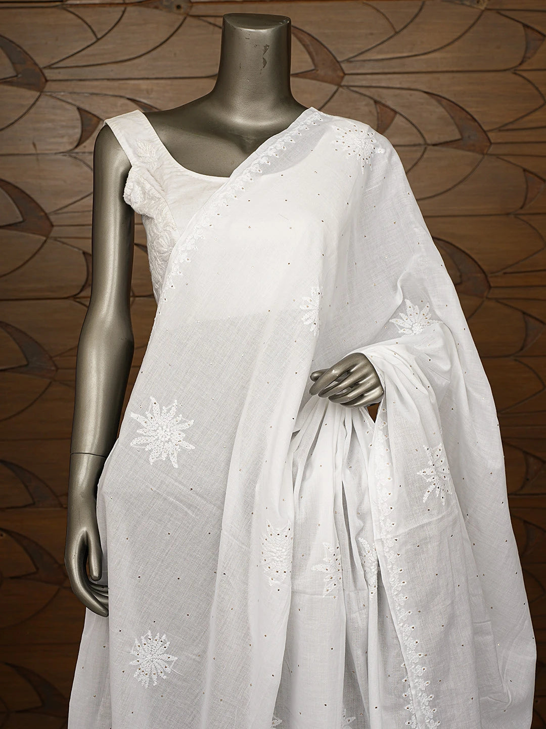 Ada Hand Embroidered White Cotton Lucknowi Chikankari Dupatta With Mukaish Work 01A833580