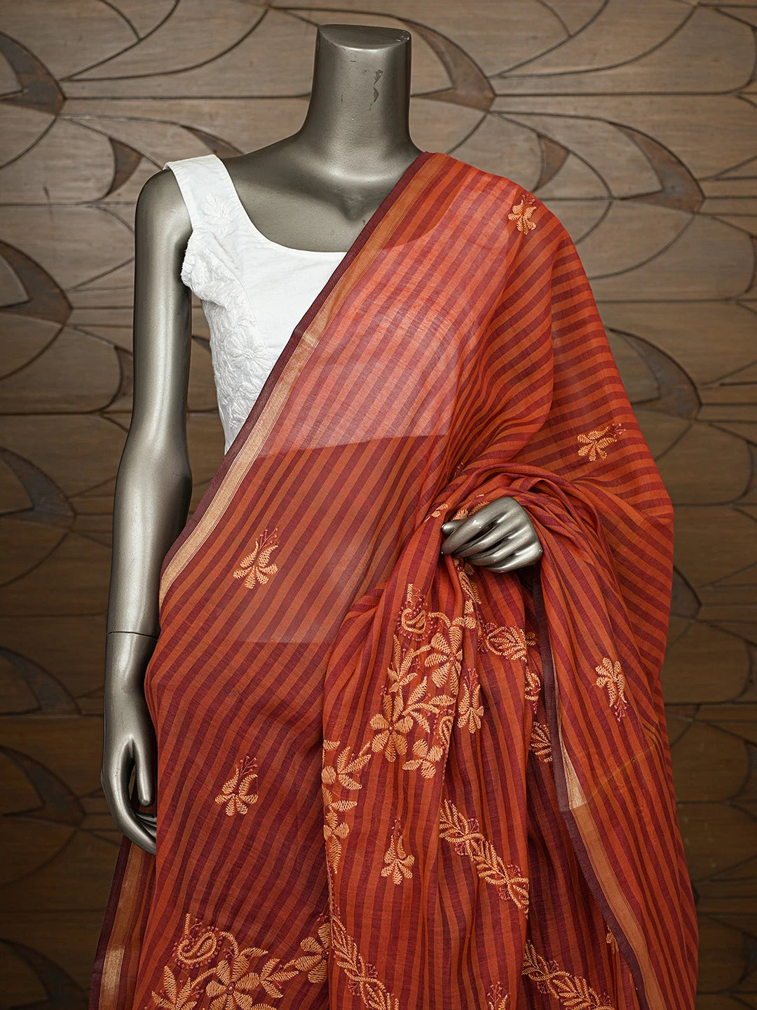 Ada Hand Embroidered Rust Chanderi Lucknowi Chikankari Dupatta 01A830784