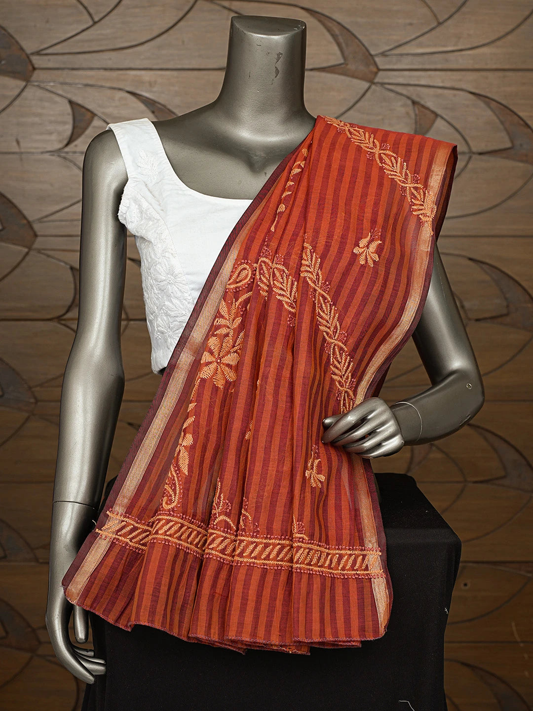 Ada Hand Embroidered Rust Chanderi Lucknowi Chikankari Dupatta 01A830784