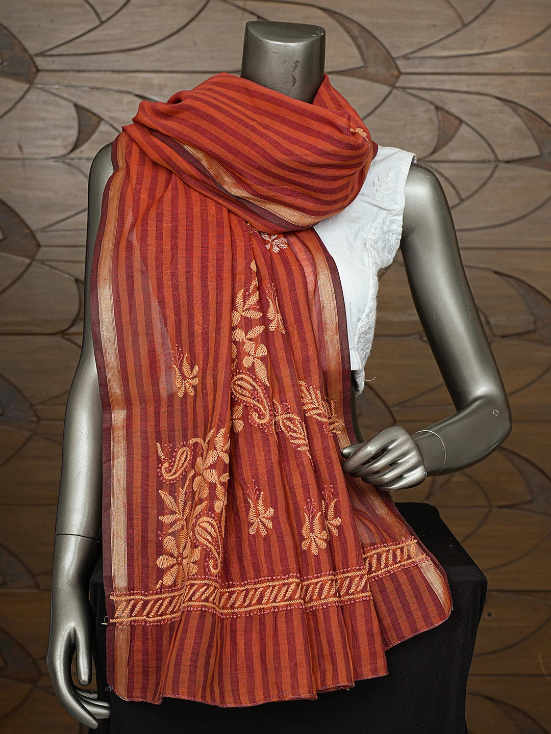 Ada Hand Embroidered Rust Chanderi Lucknowi Chikankari Dupatta 01A830784