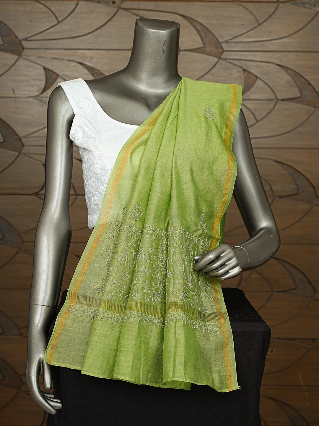Ada Hand Embroidered Green Chanderi Lucknowi Chikankari Dupatta 01A826455