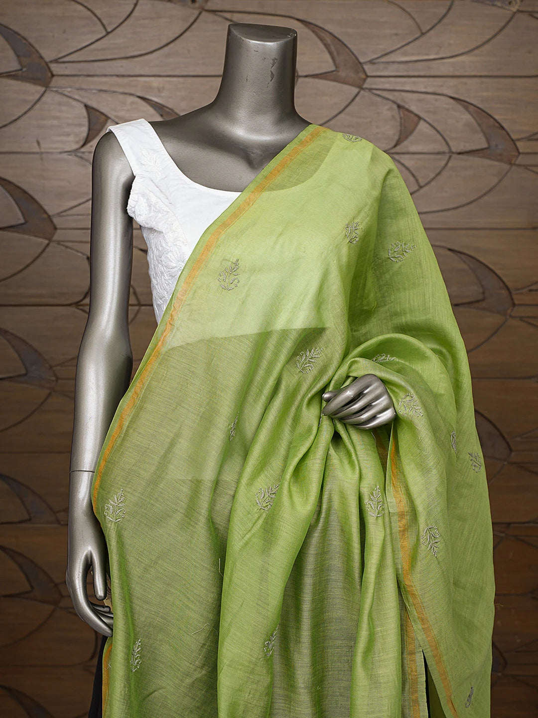 Ada Hand Embroidered Green Chanderi Lucknowi Chikankari Dupatta 01A826455