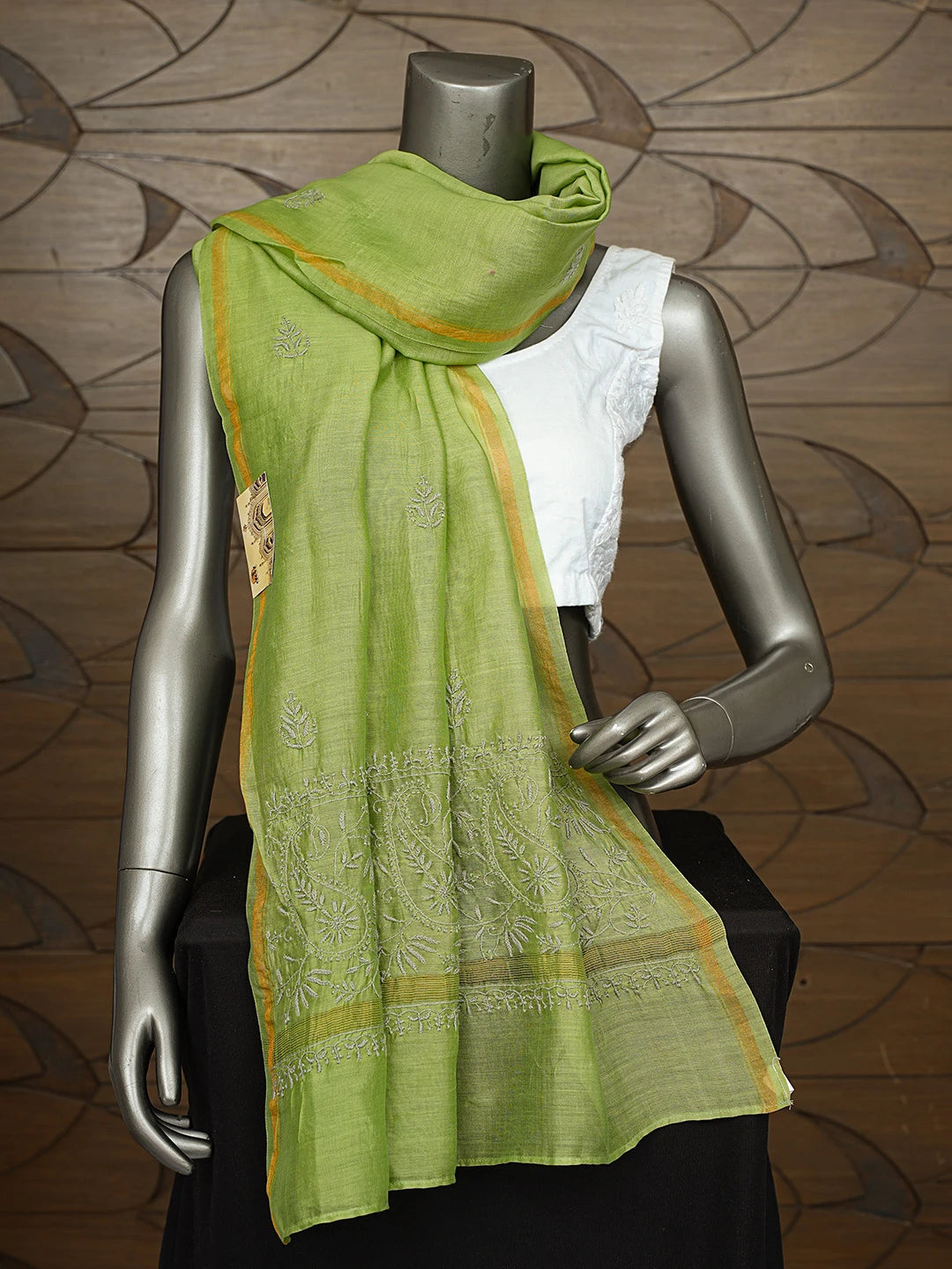 Ada Hand Embroidered Green Chanderi Lucknowi Chikankari Dupatta 01A826455