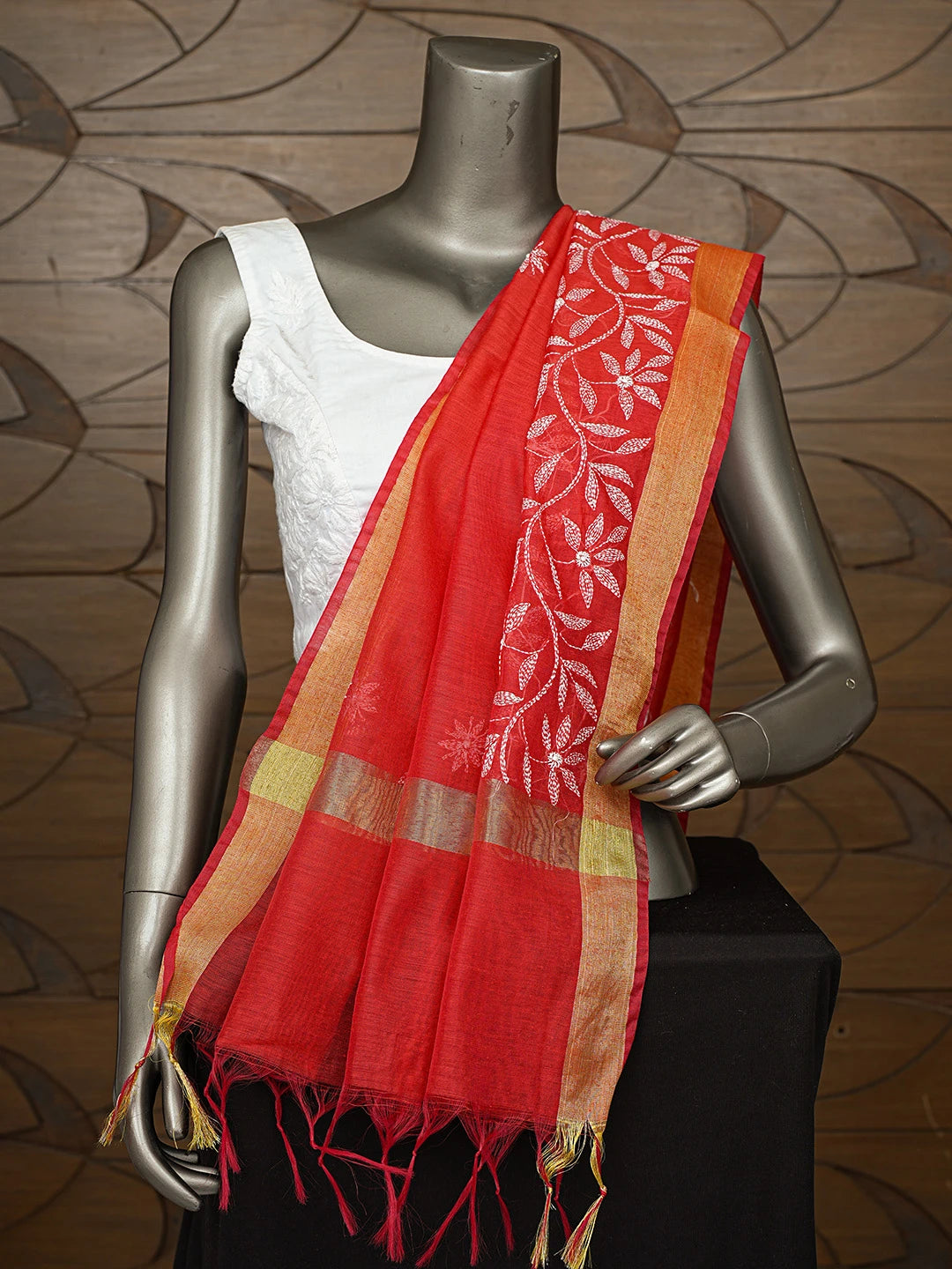 Ada Hand Embroidered Red Chanderi Lucknowi Chikankari Dupatta 01A752130