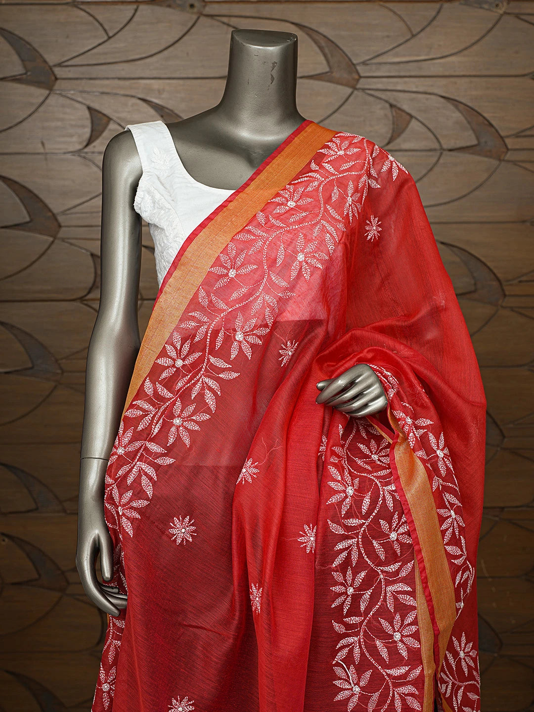 Ada Hand Embroidered Red Chanderi Lucknowi Chikankari Dupatta 01A752130