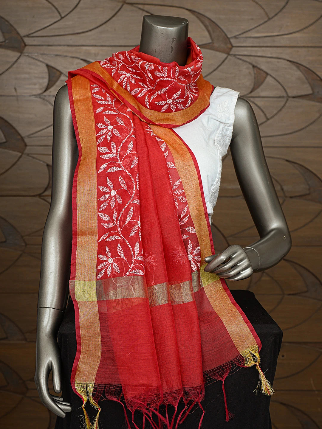 Ada Hand Embroidered Red Chanderi Lucknowi Chikankari Dupatta 01A752130