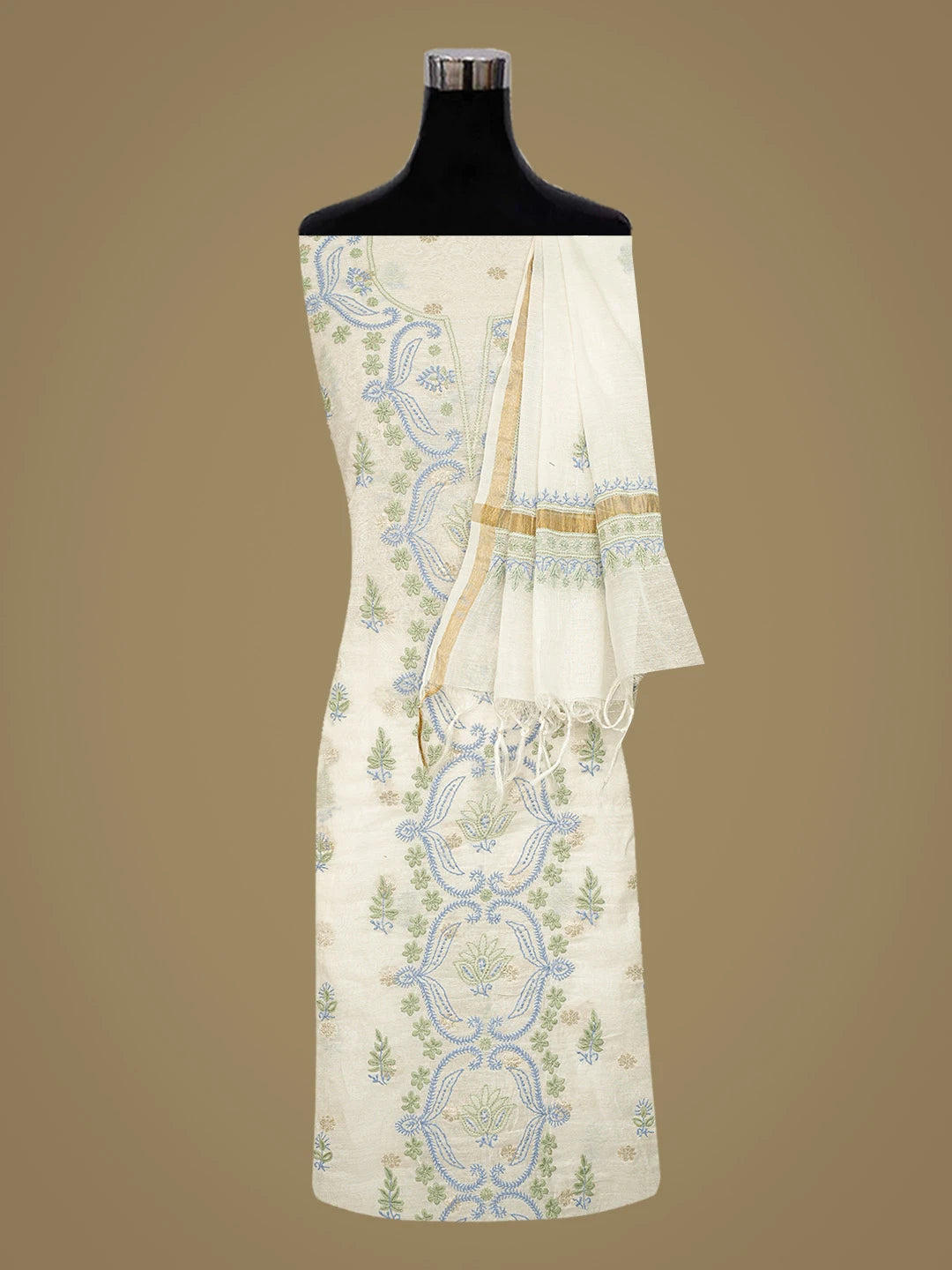 Ada Hand Embroidered White Chanderi Lucknowi Chikankari Unstitched Kurta Dupatta Set 01A836904
