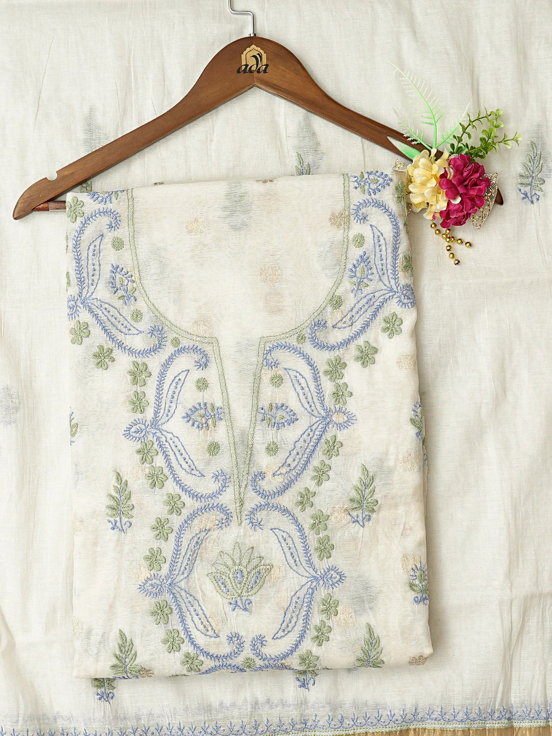 Ada Hand Embroidered White Chanderi Lucknowi Chikankari Unstitched Kurta Dupatta Set 01A836904