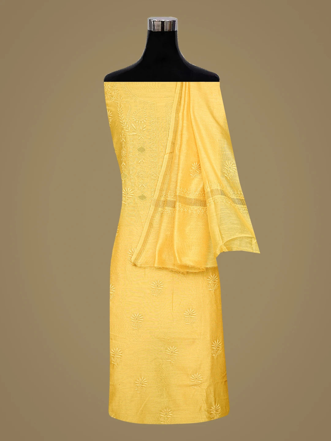 Ada Hand Embroidered Honey Yellow Chanderi Lucknowi Chikankari Unstitched Kurta Dupatta Set 01A836538