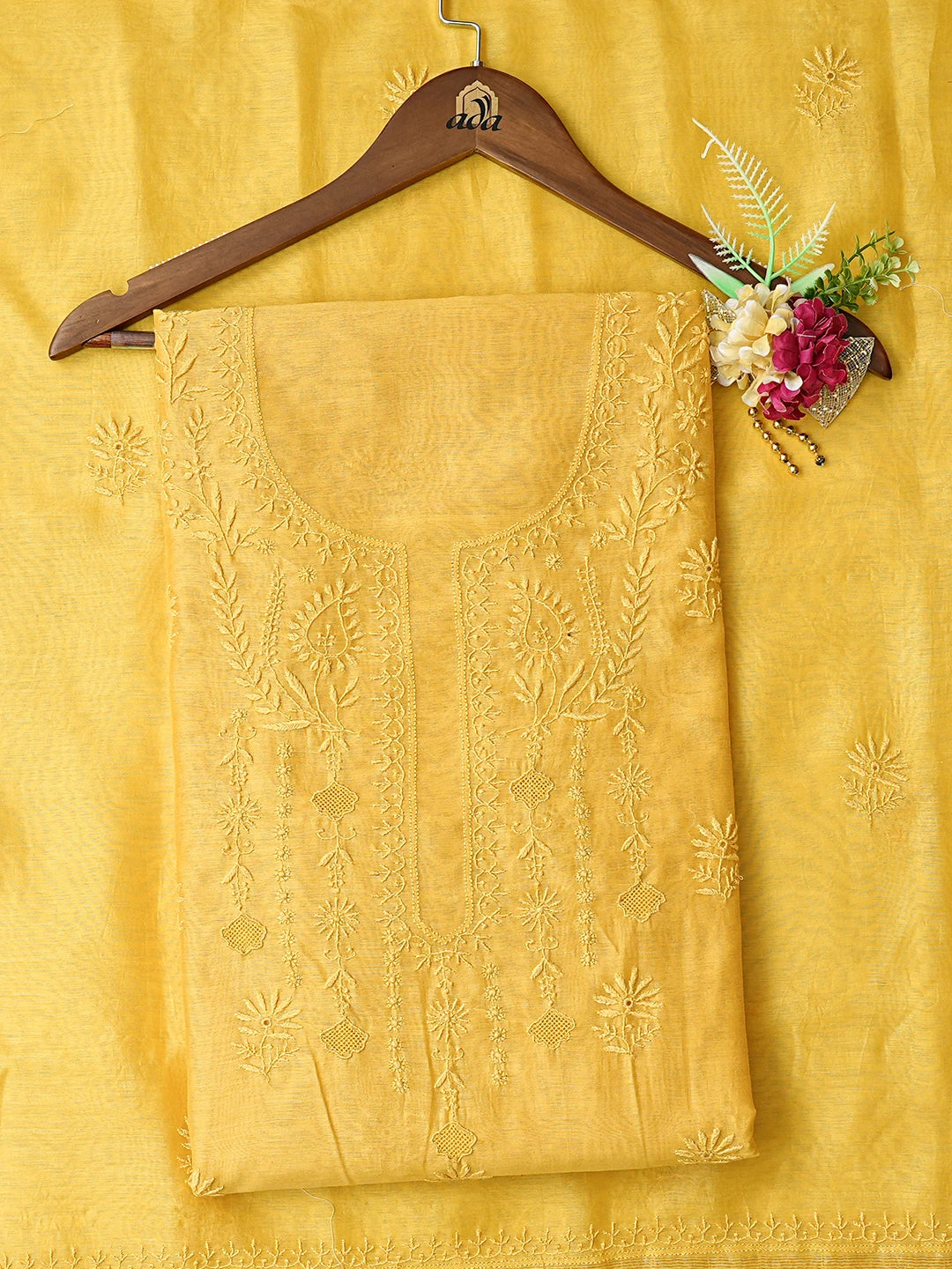 Ada Hand Embroidered Honey Yellow Chanderi Lucknowi Chikankari Unstitched Kurta Dupatta Set 01A836538