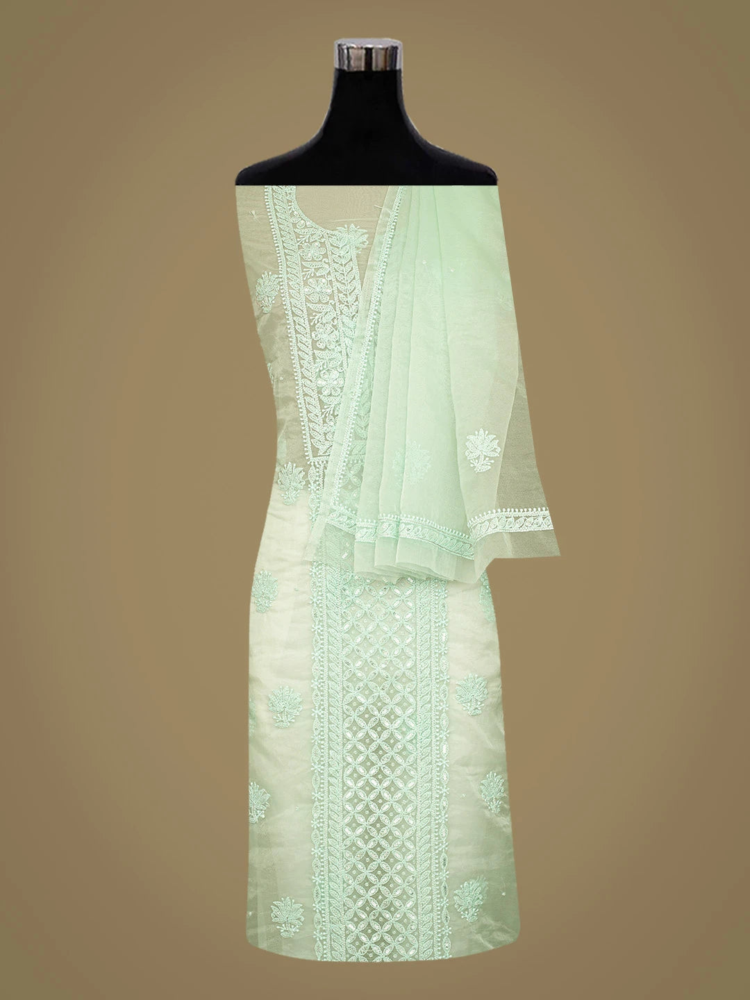 Ada Hand Embroidered Pistachio Green Organza Lucknowi Chikankari Unstitched Kurta Dupatta Set With Cutdana Work 01A718563