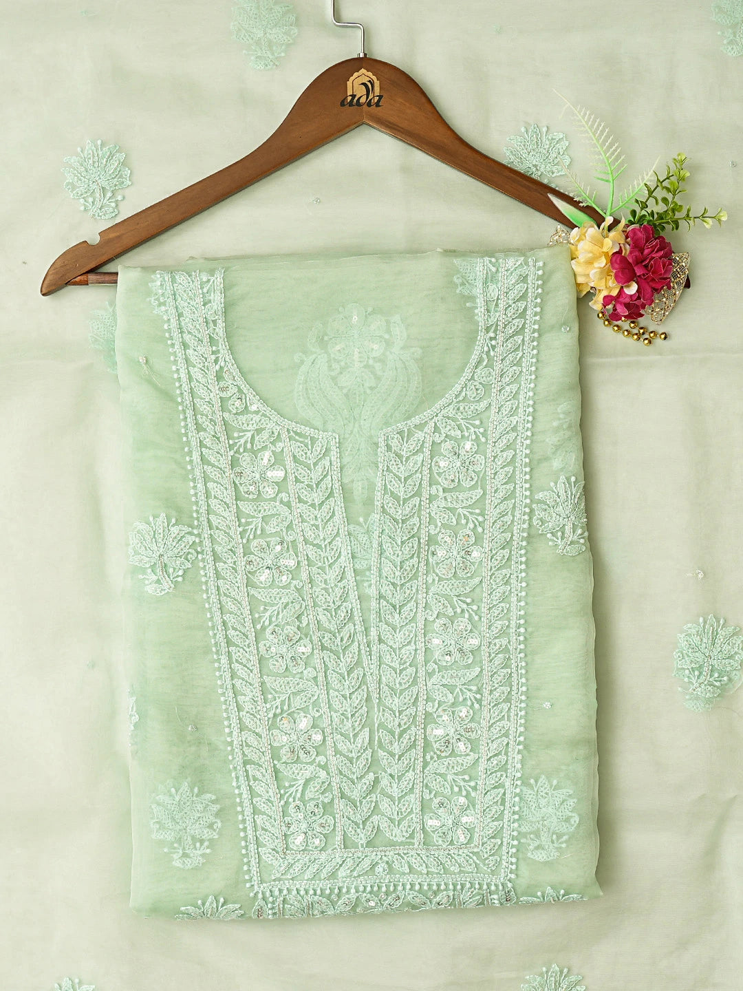 Ada Hand Embroidered Pistachio Green Organza Lucknowi Chikankari Unstitched Kurta Dupatta Set With Cutdana Work 01A718563