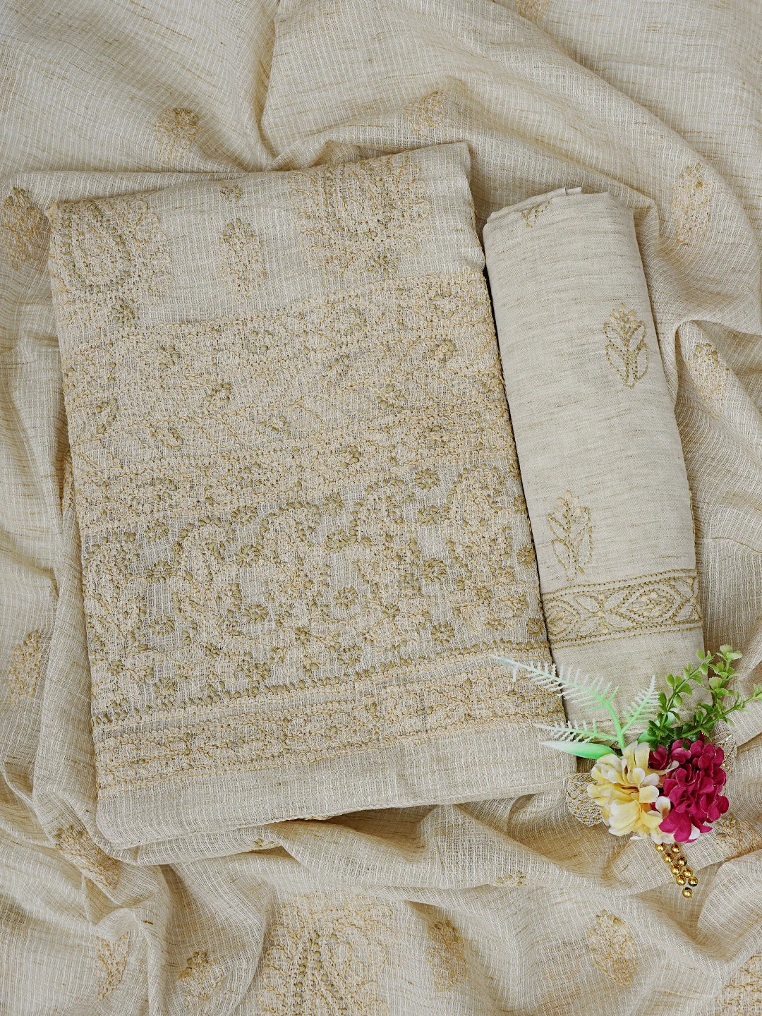 Ada Hand Embroidered Fawn Kota Lucknowi Chikankari Unstitched Suit Piece 01A831728